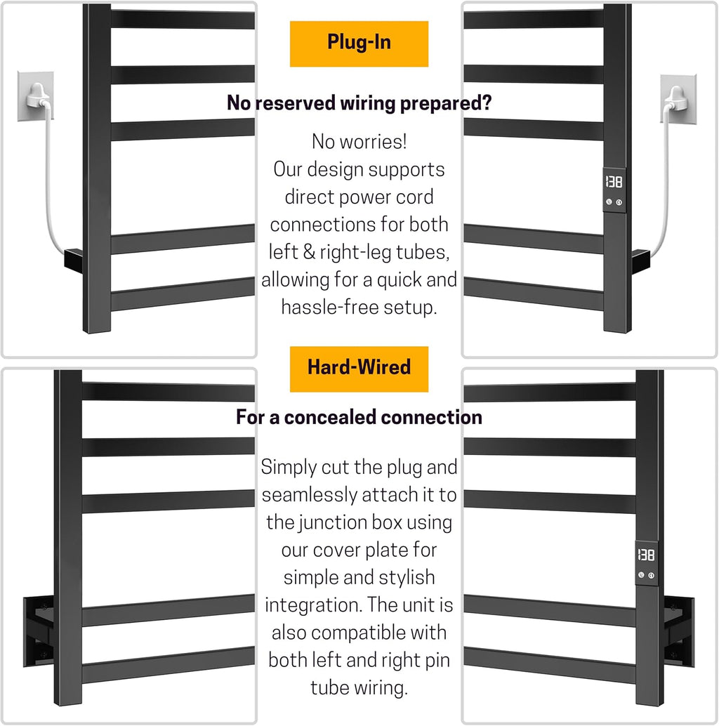 Heated Towel Rack, 8-Bar Wall Mount, Matte Black Stainless Steel | 304 stainless steel, 115-155°F adjustable, 1-24H