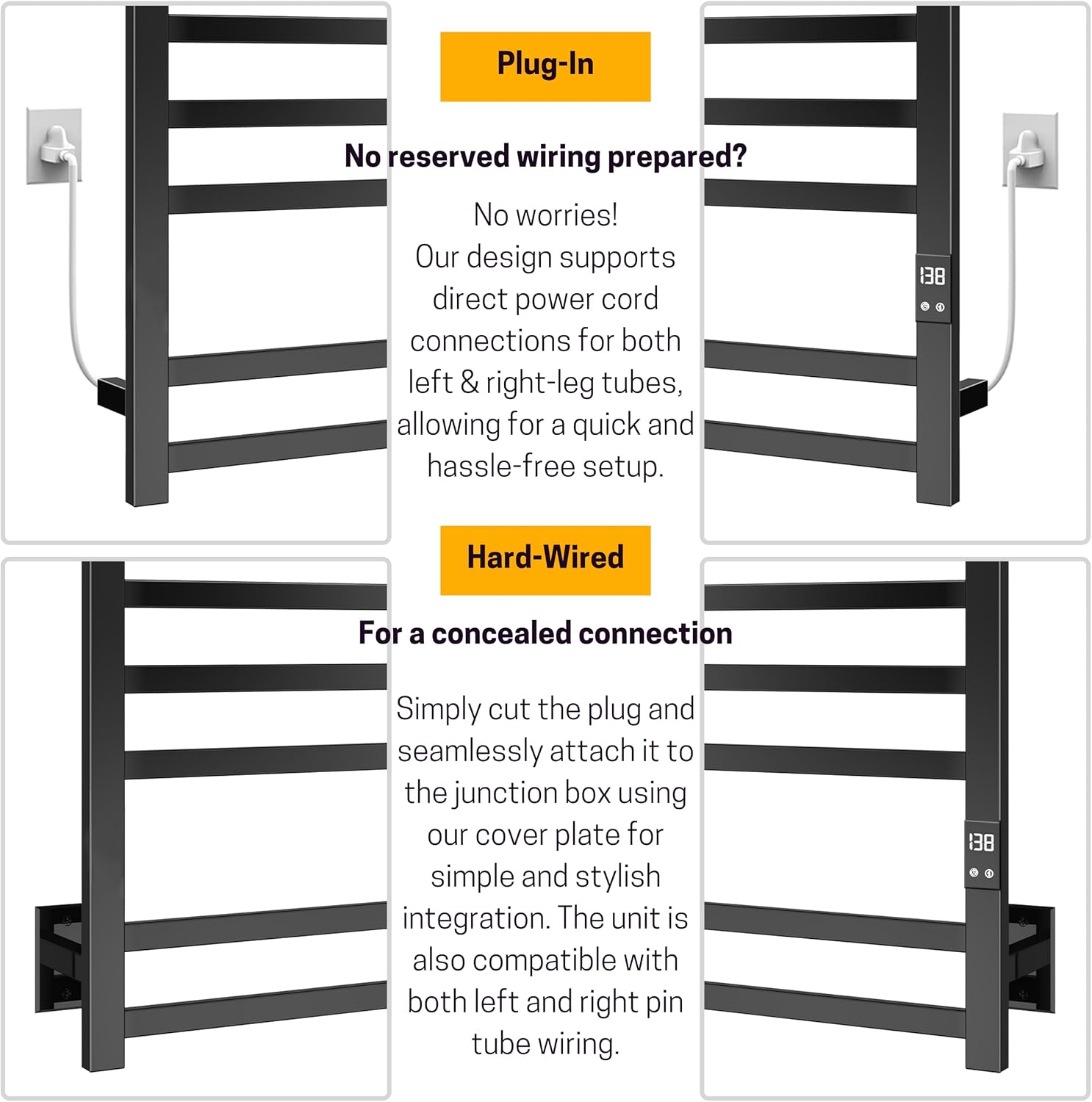 Heated Towel Rack, 8-Bar Wall Mount, Matte Black Stainless Steel | 304 stainless steel, 115-155°F adjustable, 1-24H