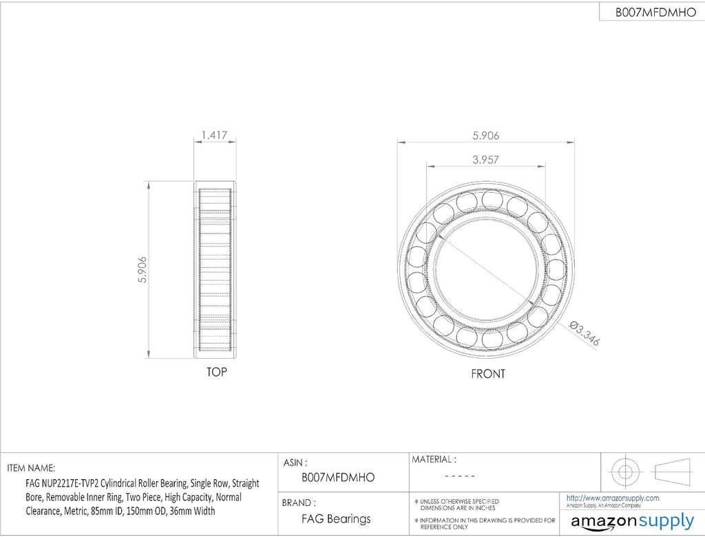 FAG Bearings NUP2217E-TVP2 Single Row Cylindrical Roller Bearing, Straight Bore, Removable Inner Ring, Two Piece, High Capacity, Normal Clearance, Metric, 85mm ID, 150mm OD, 36mm Width