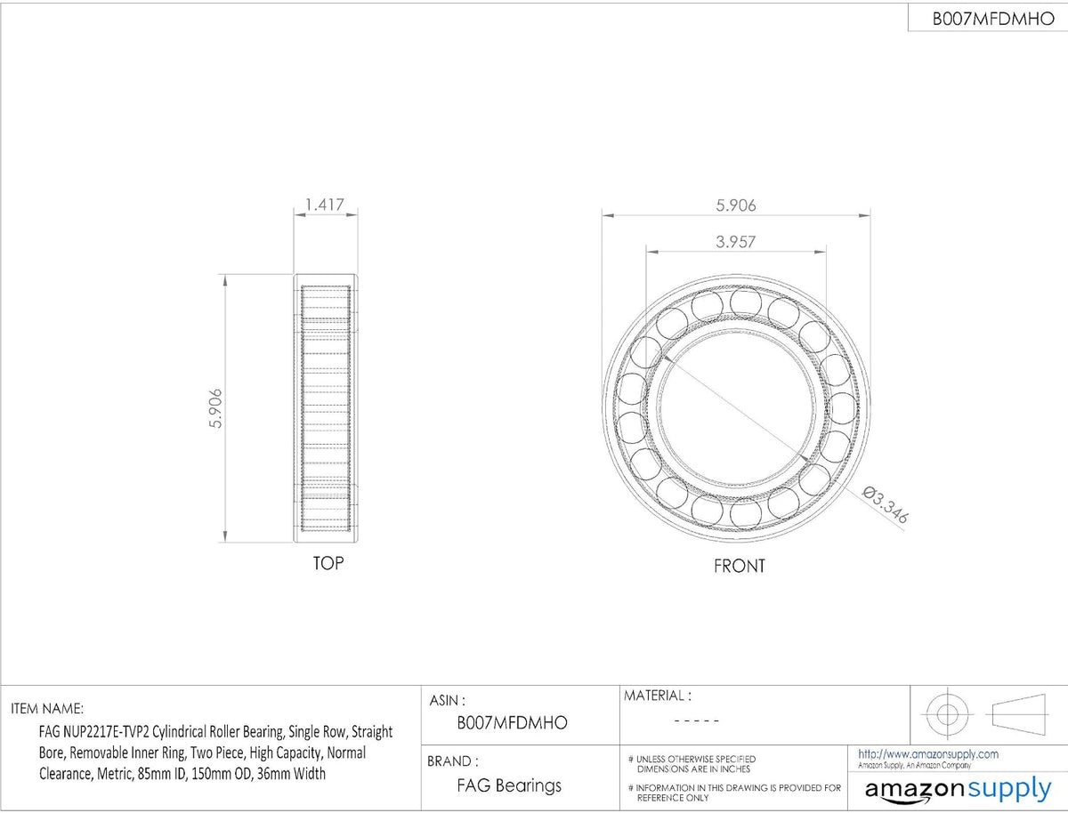 FAG Bearings NUP2217E-TVP2 Single Row Cylindrical Roller Bearing, Straight Bore, Removable Inner Ring, Two Piece, High Capacity, Normal Clearance, Metric, 85mm ID, 150mm OD, 36mm Width