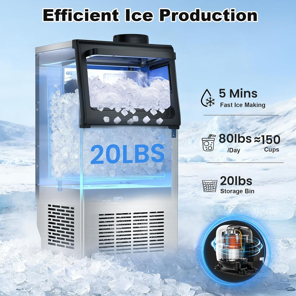 Nugget Ice Maker 80lbs/24H, 20lbs Storage, Commercial Undercounter