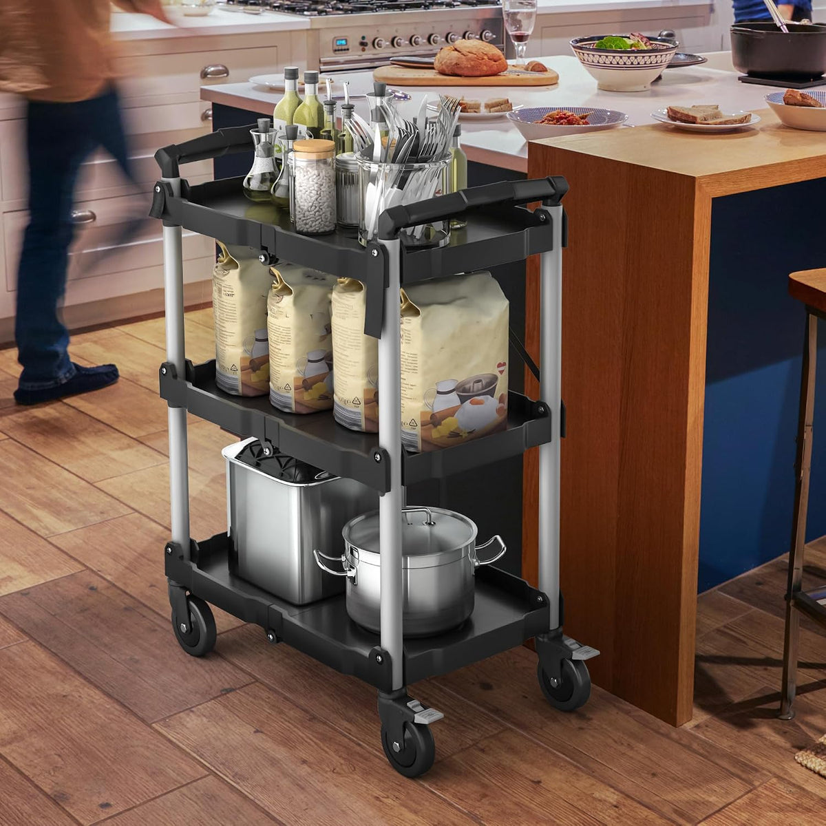 3-Tier Folding Utility Cart with Wheels (2 Brakes), 350lbs
