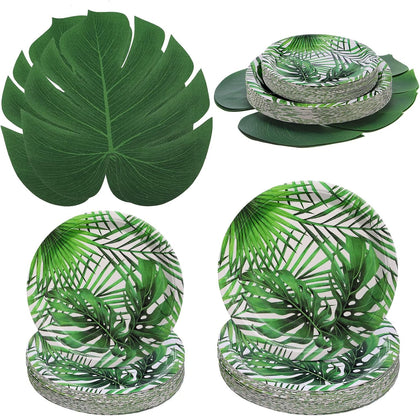 124 Pcs Summer Luau Party Supplies 100 Pcs Tropical Paper Luna Plates 7'' 9'' Palm Leaf Plates 24 Artificial Palm