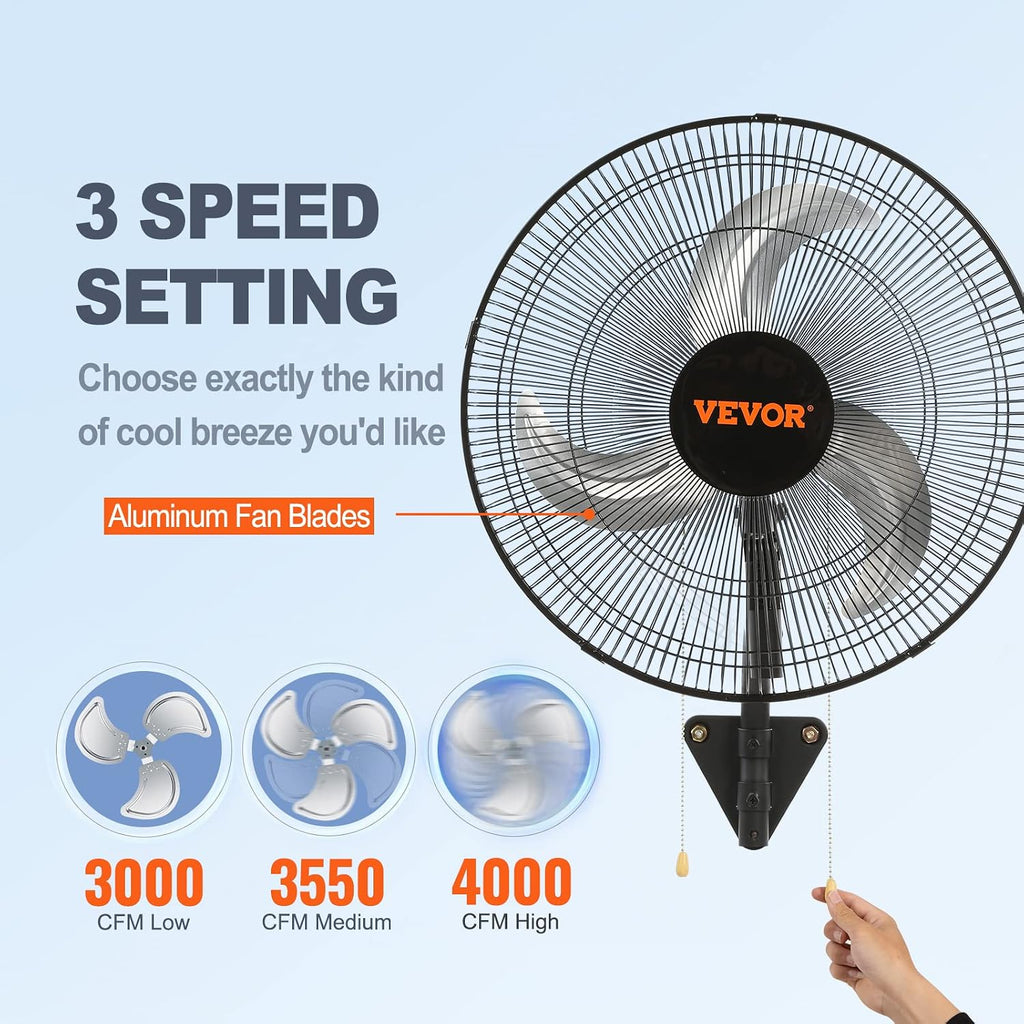 VEVOR Wall Mount Fan, 18 inch, 3-Speed, 4000 CFM Oscillating Fan, Black