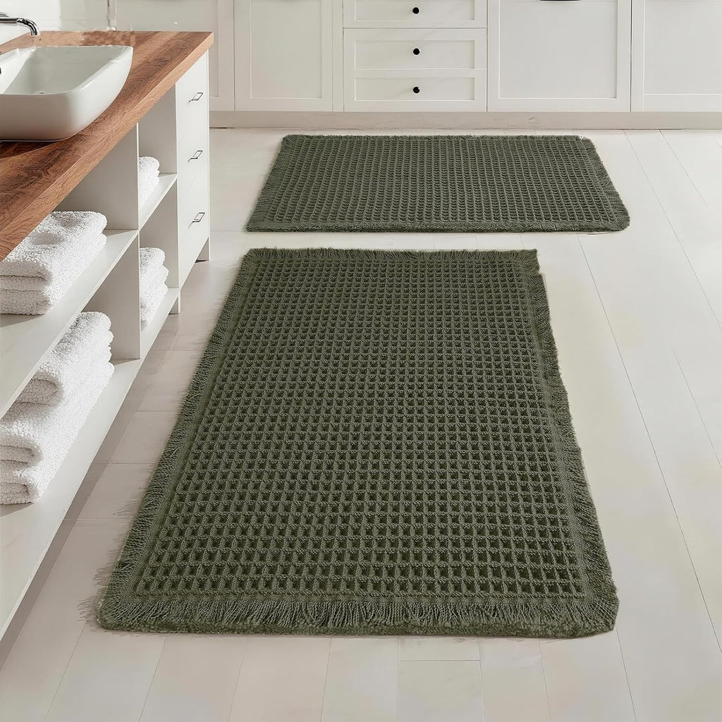 Set of 2 Waffle Bathroom Rugs, Non Slip Absorbent Waffle Knit Bath Mat for Shower Floor, Tub and Bathroom Door, Ultra