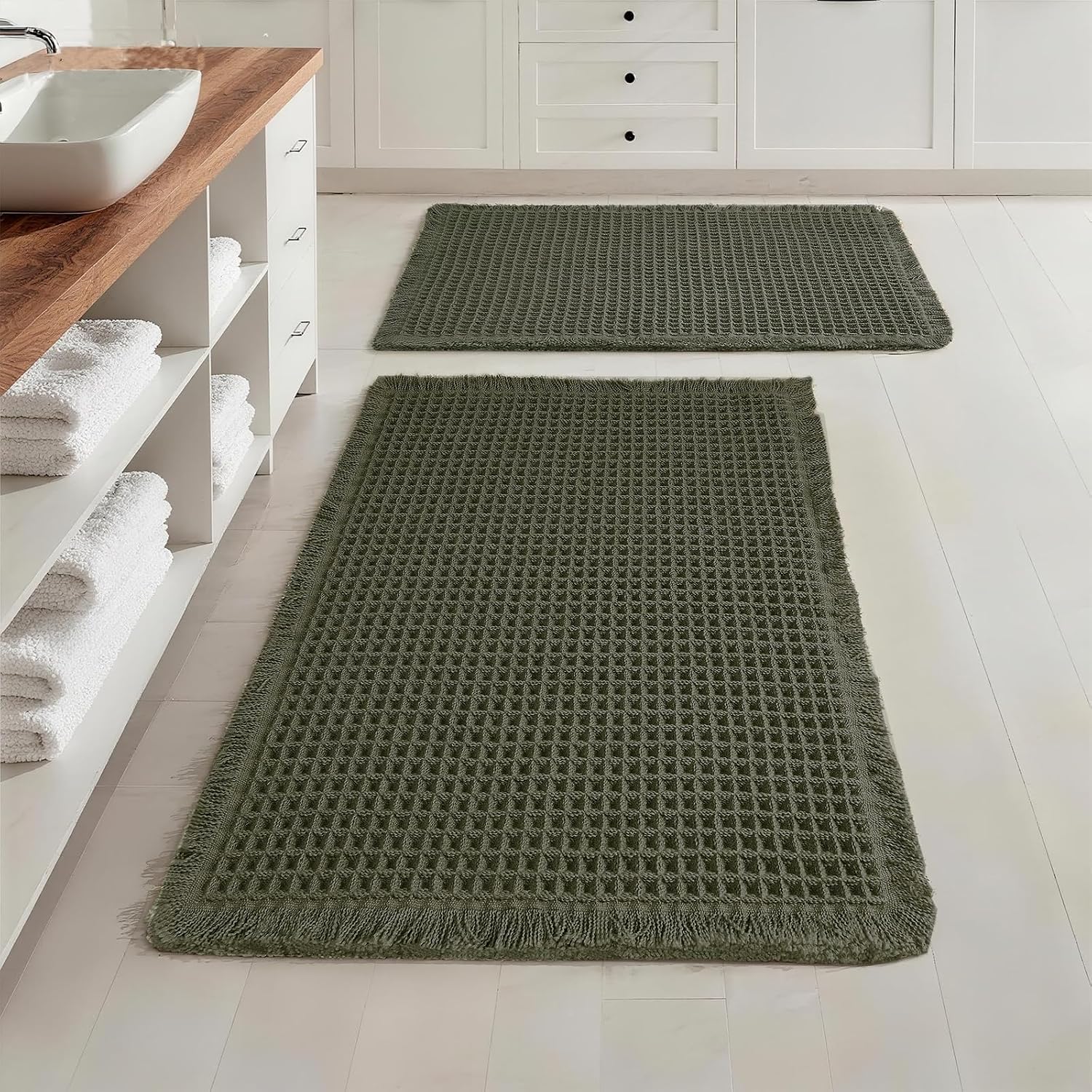 Set of 2 Waffle Bathroom Rugs, Non Slip Absorbent Waffle Knit Bath Mat for Shower Floor, Tub and Bathroom Door, Ultra