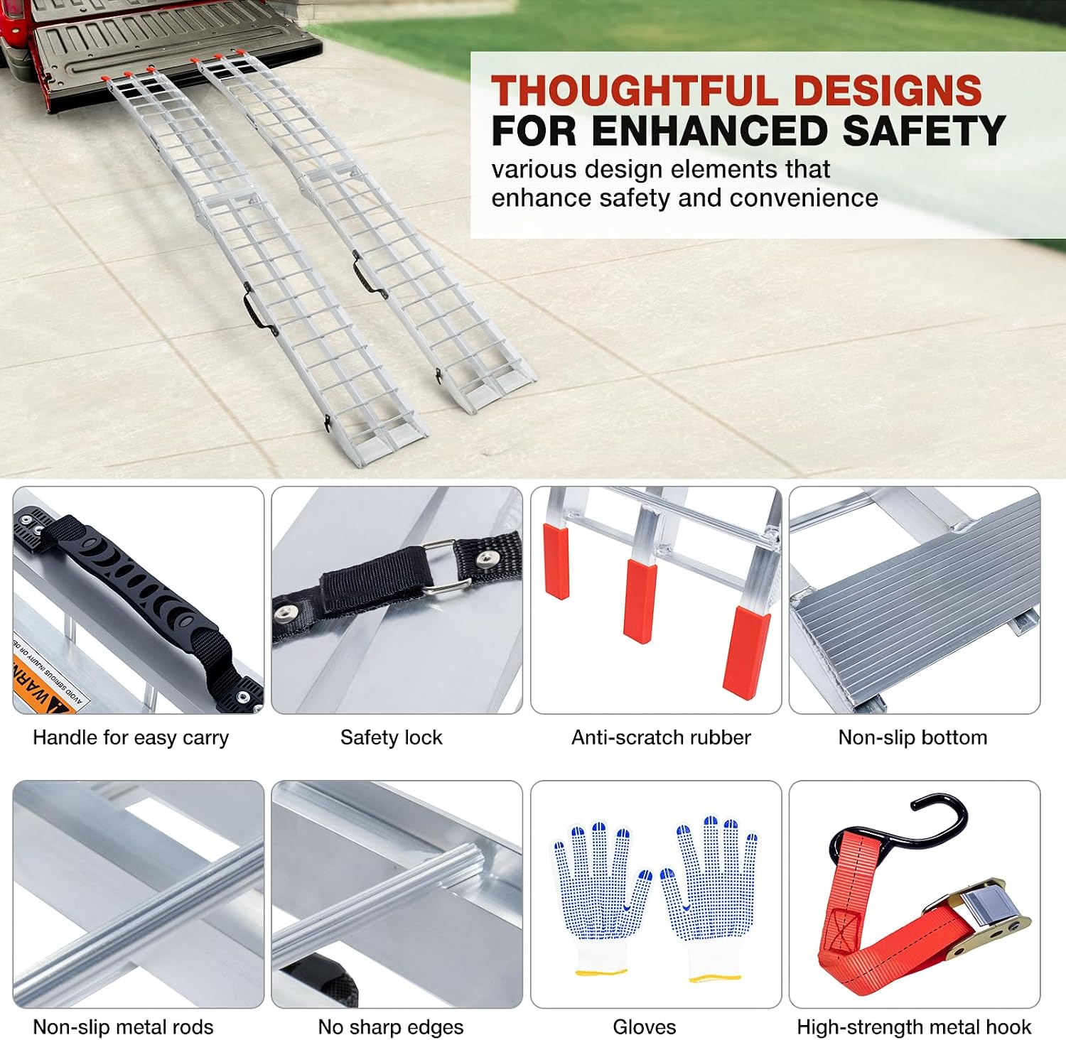 Aluminum Folding Loading Ramps, 1800 lbs Capacity Truck Ramps for Pickup Trucks Bed, Trailers Ramp with Load Straps