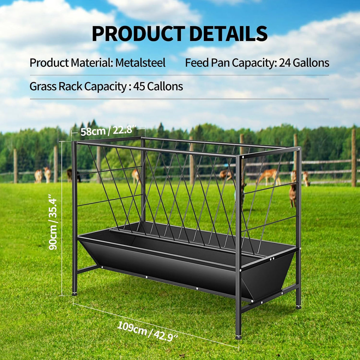 2 in 1 Pasture Hay Feeder 45 Gallon Livestock Feed Trough with 24 Gallon Feed Pan, Hay Grain Livestock Feeder for