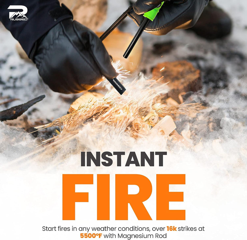 Rainier Rugged 5-in-1 Glow-in-The-Dark Fire Starters Kits with Compass, Signal Mirrors, Whistles -Magnesium Ferro
