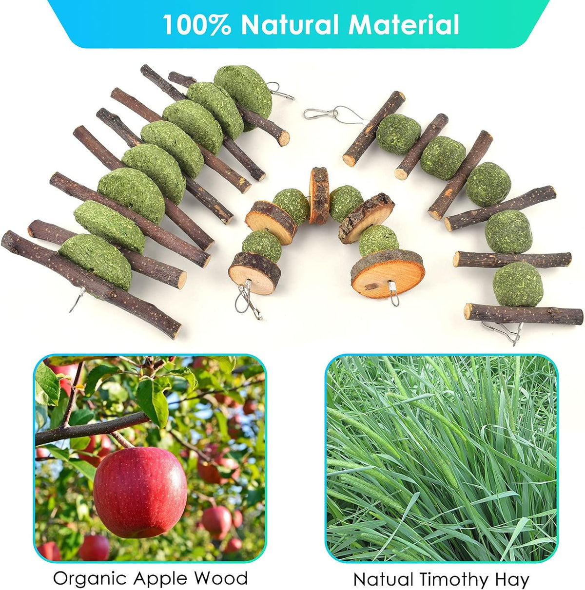 Bunny Chew Toys, Rabbit Chew Toys for Teeth Grinding, Improve Dental Health, 100% Natural Apple Wood Timothy Grass
