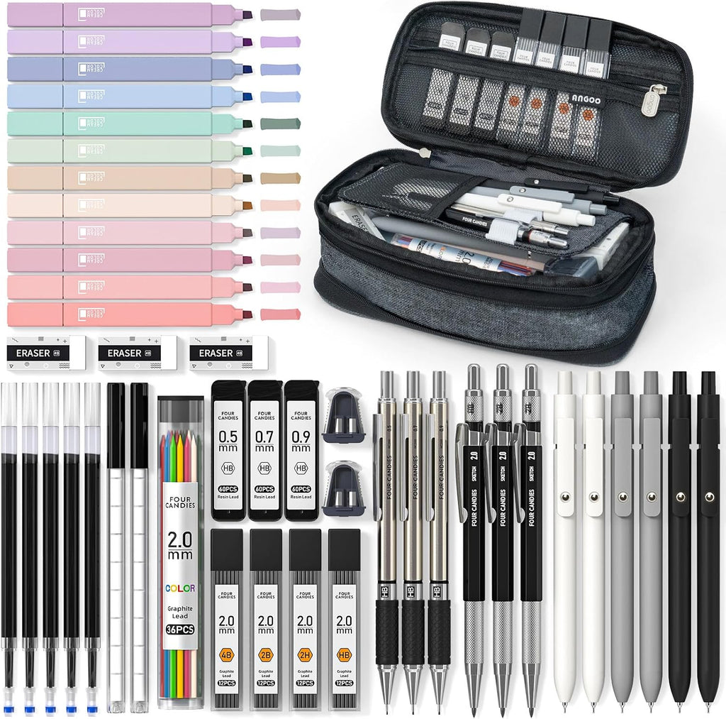 School Supplies with Pen Case, 45ct Black | Back to School Stationery Set, Essentials for College & Nursing Students