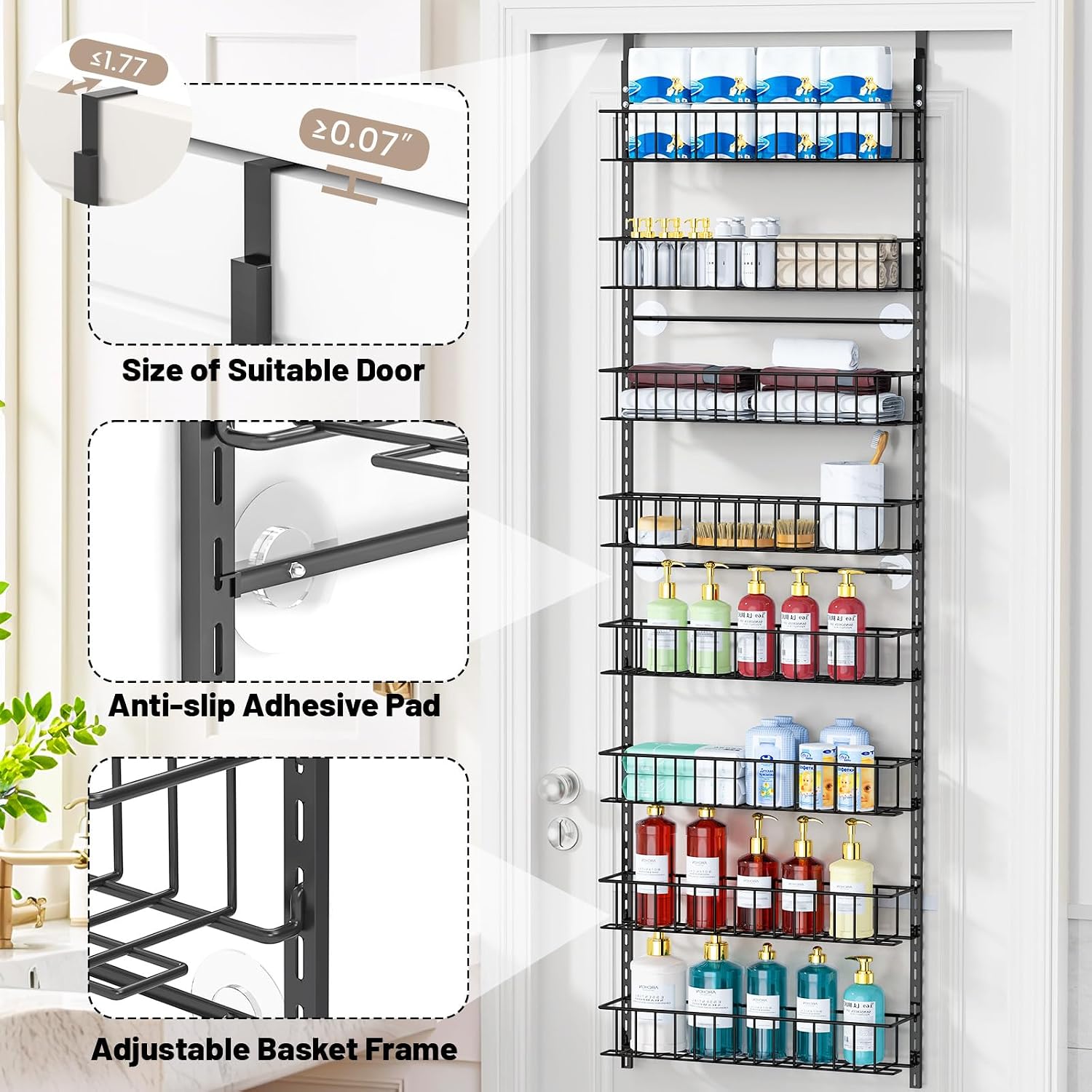 8-Tier Pantry Door Oragnizer, Over The Door Pantry Organizer Rack and Storage, Hanging Spice Rack Shelves Door, Home