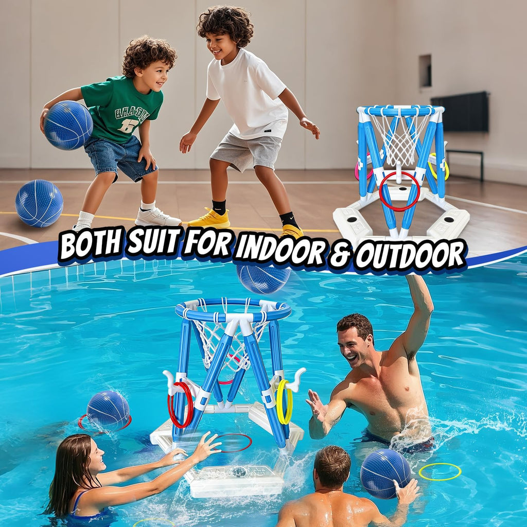 2-in-1 Pool Basketball Hoop & Ring Games, Summer Water Outdoor Party Pool Toys for Kids Ages 4-8, 8-12, Summer