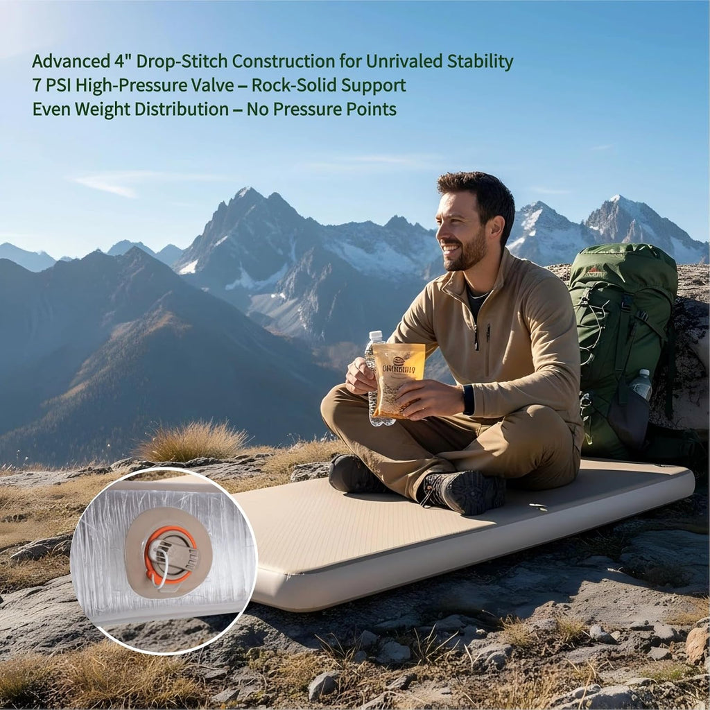 Camping Sleeping Pad Drop Stitch, Double 76" x 51"x4" | Waterproof Inflatable Air Mattress, 7 PSI Firm Support, Fast
