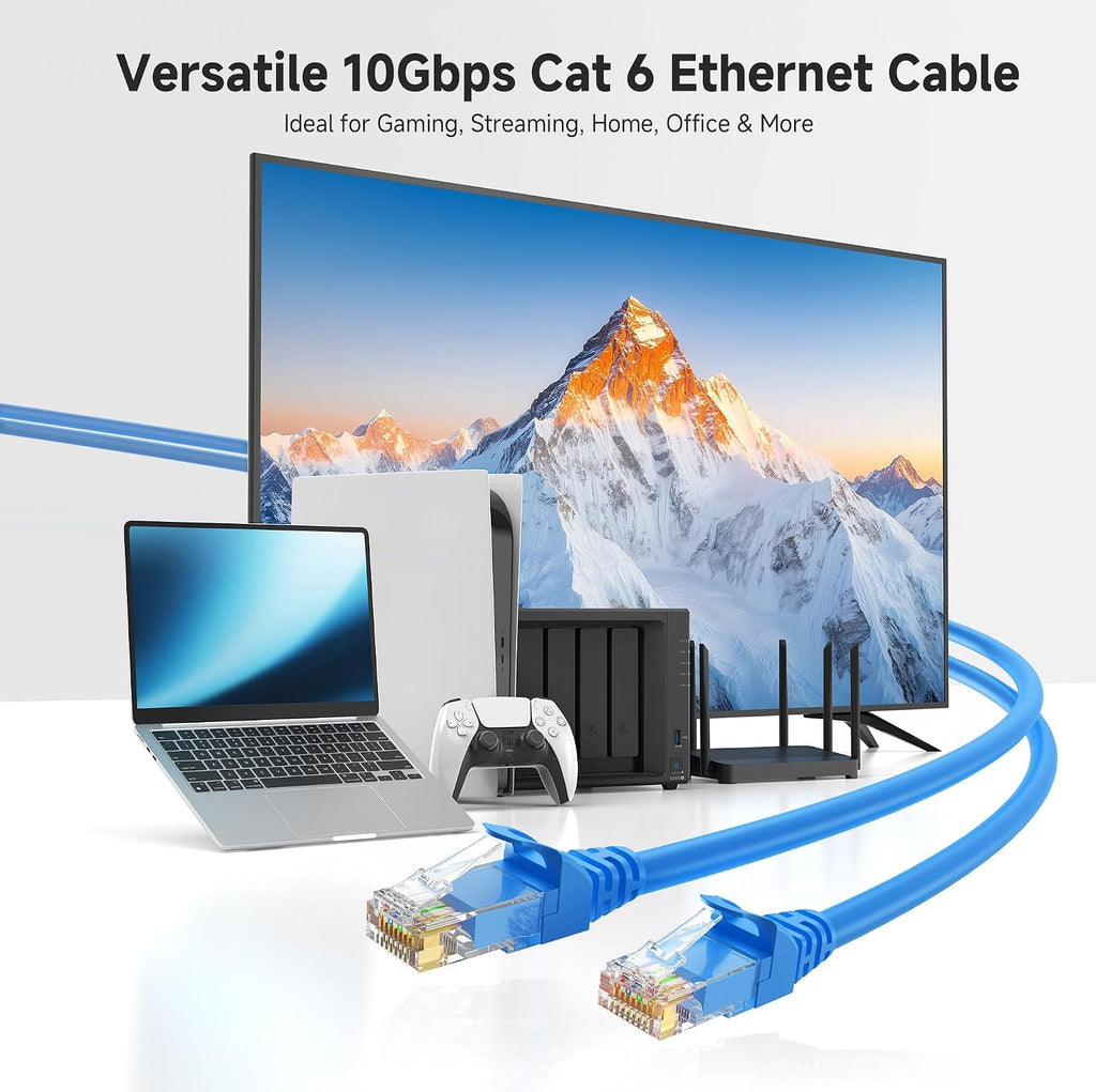 10Gbps Snagless Cat 6 Ethernet Cable, 50ft, Blue | 24 AWG Bare Copper, Gold-Plated RJ45, PoE++, 550MHz Bandwidth