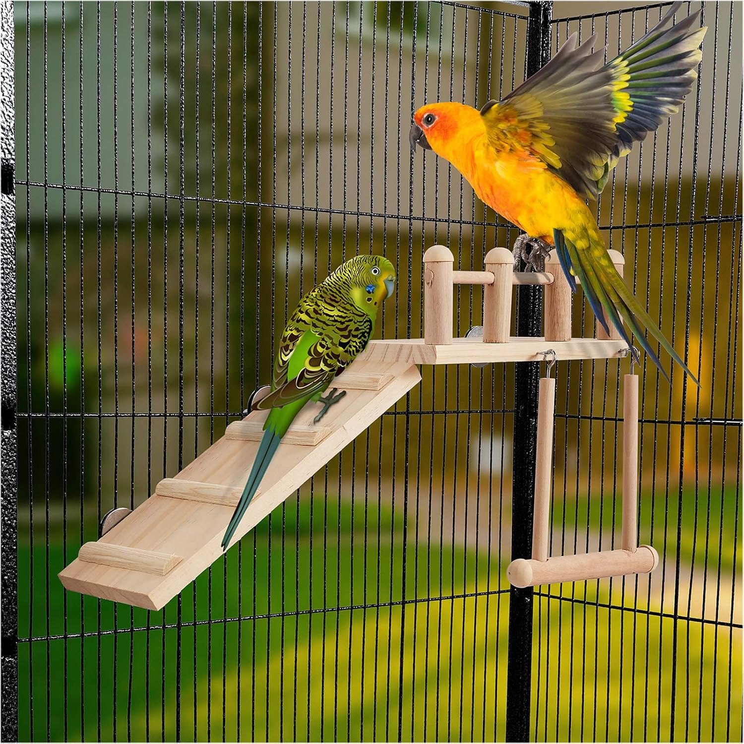 Bird Perches Platform Swing with Climbing Ladder, Parakeet Cage Accessories Wooden Playing Gyms Exercise Sturdy for