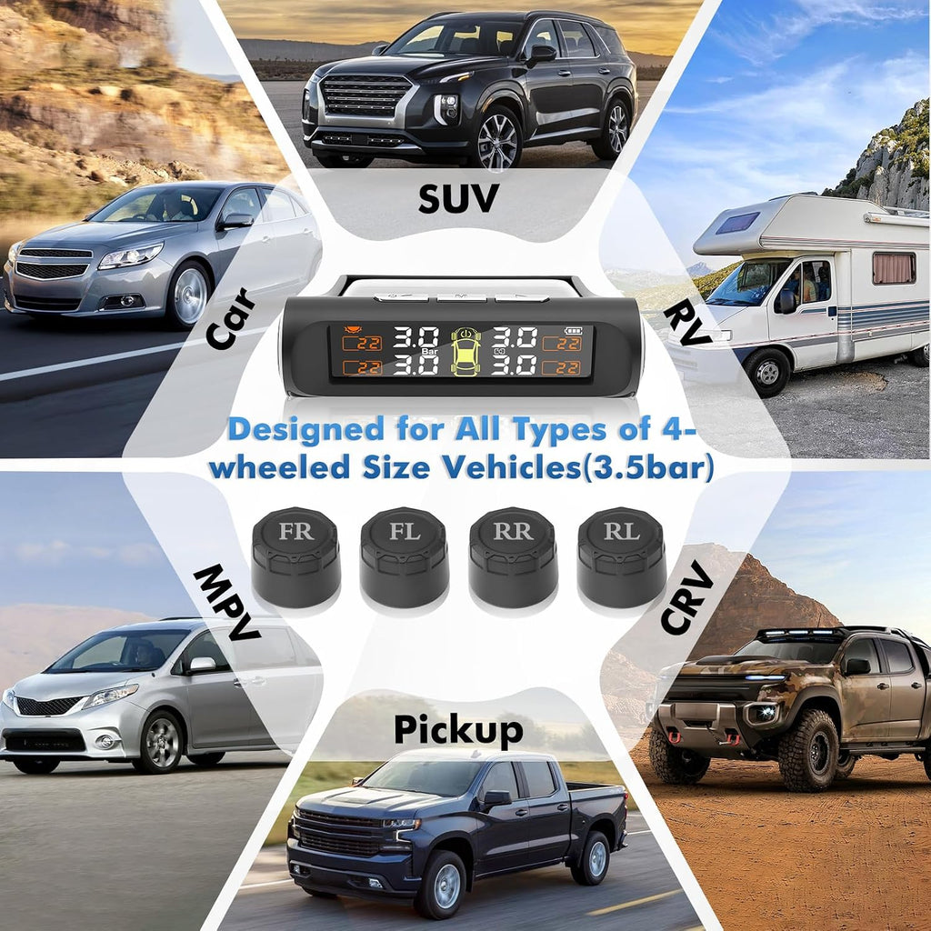Tire Pressure Monitoring System with Solar Charge, TPMS Sensors Set of 4 | TPMS with 4 External sensors & 5 Alarm