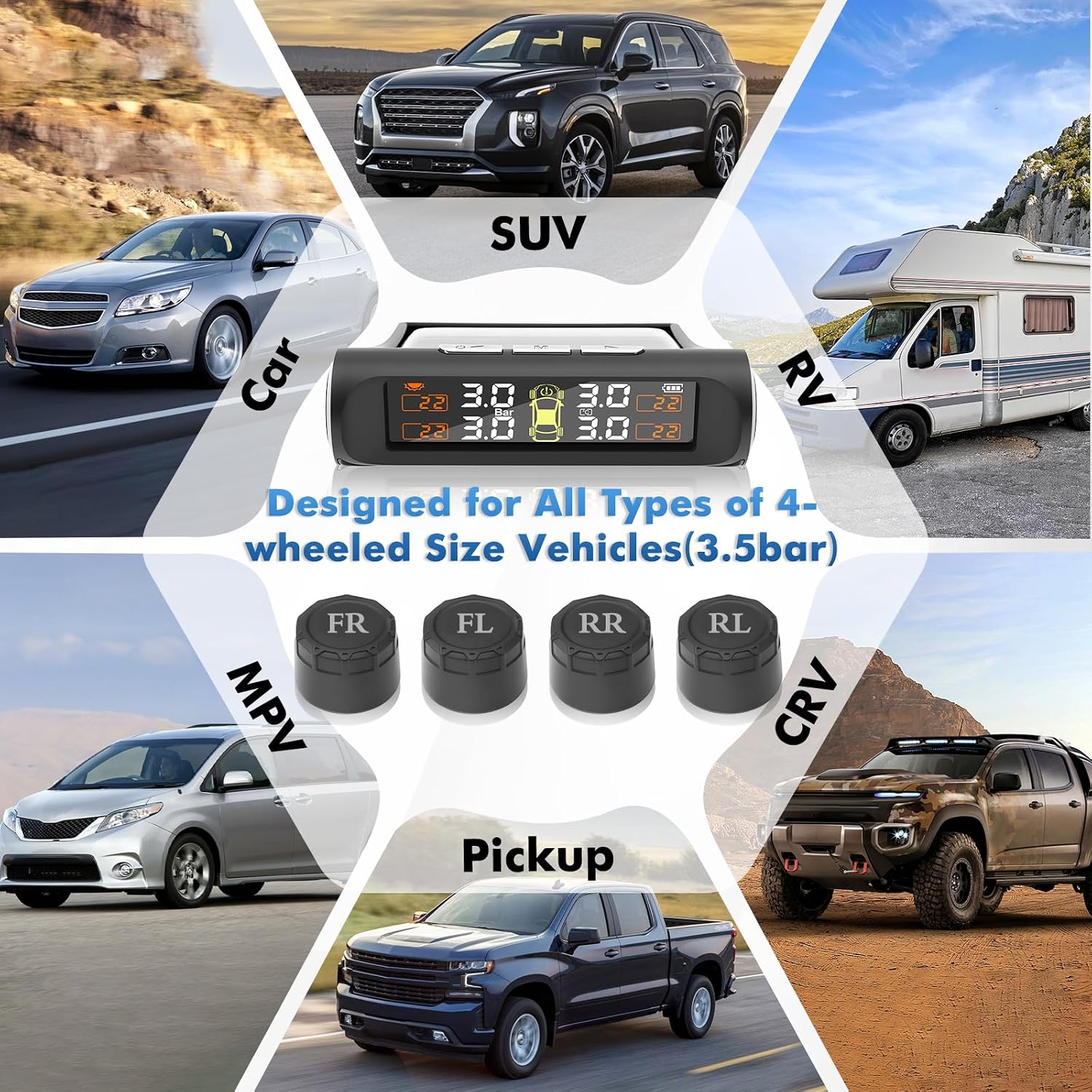 Tire Pressure Monitoring System with Solar Charge, TPMS Sensors Set of 4 | TPMS with 4 External sensors & 5 Alarm