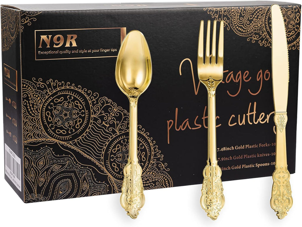 300PCS Gold Plastic Silverware, Vintage Disposable Utensils & Cutlery