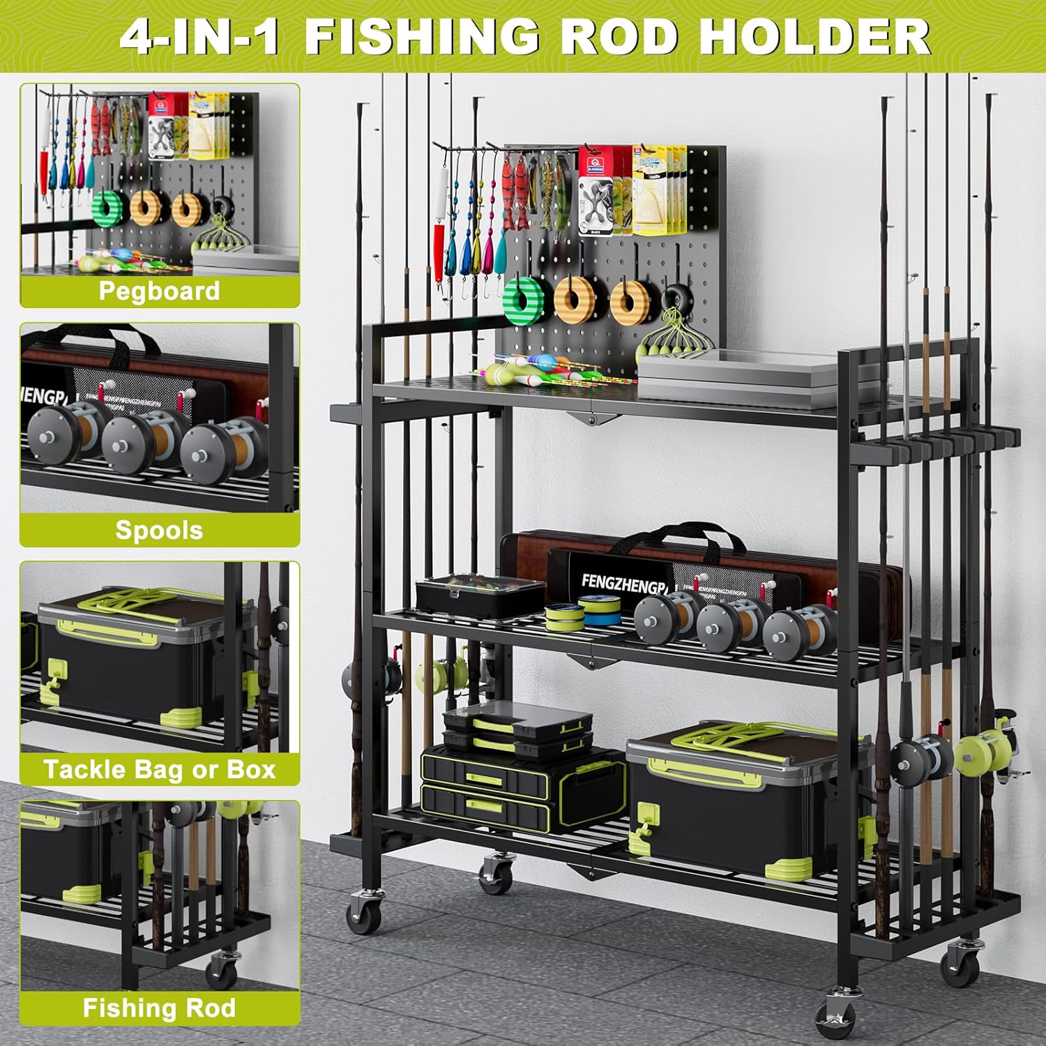 Fishing Rod Holders for Garage, Fishing Rod Stand with Wheels and Pegboard, 3-Tier Pole Storage Rack with 8 Hooks and