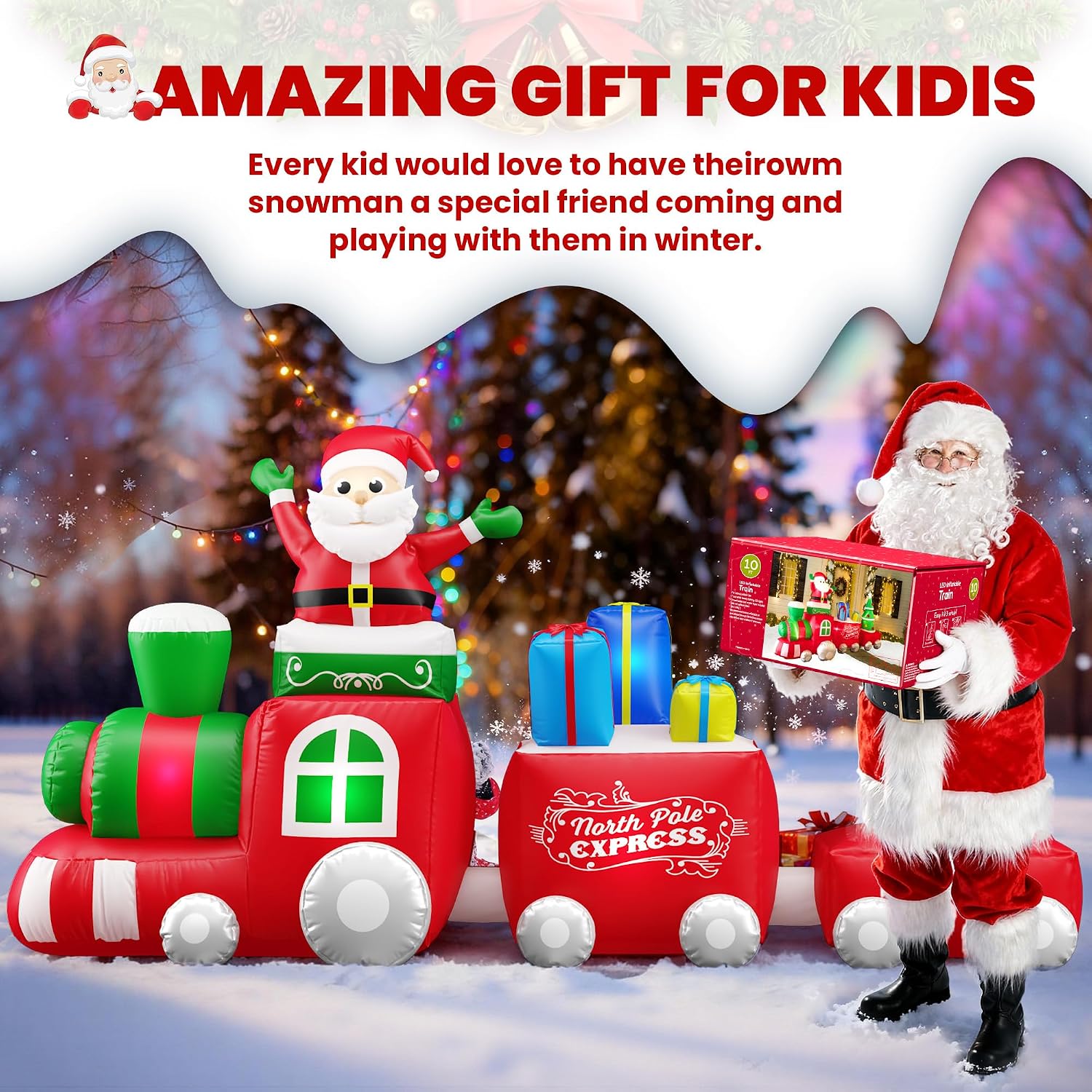 10FT Christmas Inflatable Train with Santa Claus, Gift Boxes, Christmas Trees, Built-in Lights, 2026 Yard Decor Giant