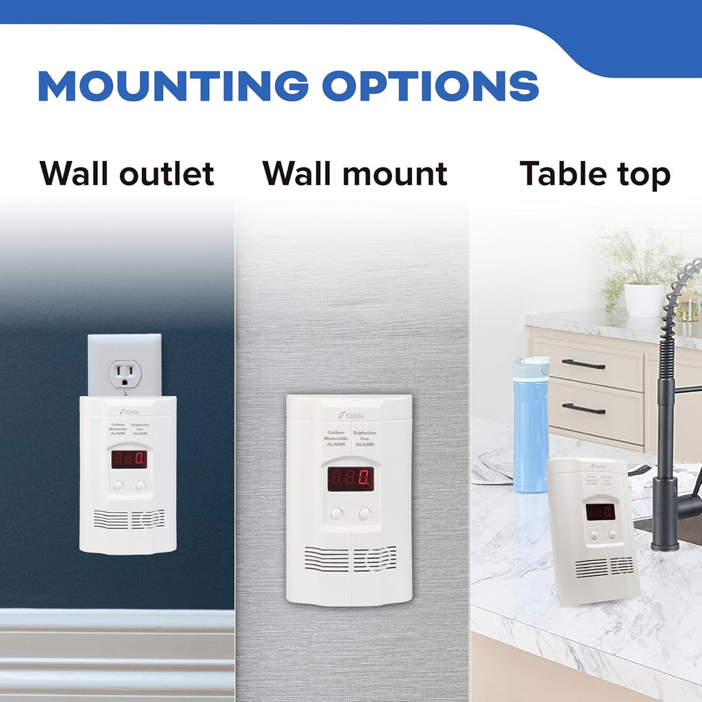 Carbon Monoxide + Explosive Gas, Natural Gas & Propane Alarm, Plug-in with 9V Battery Backup, Digital Display, 85 dB