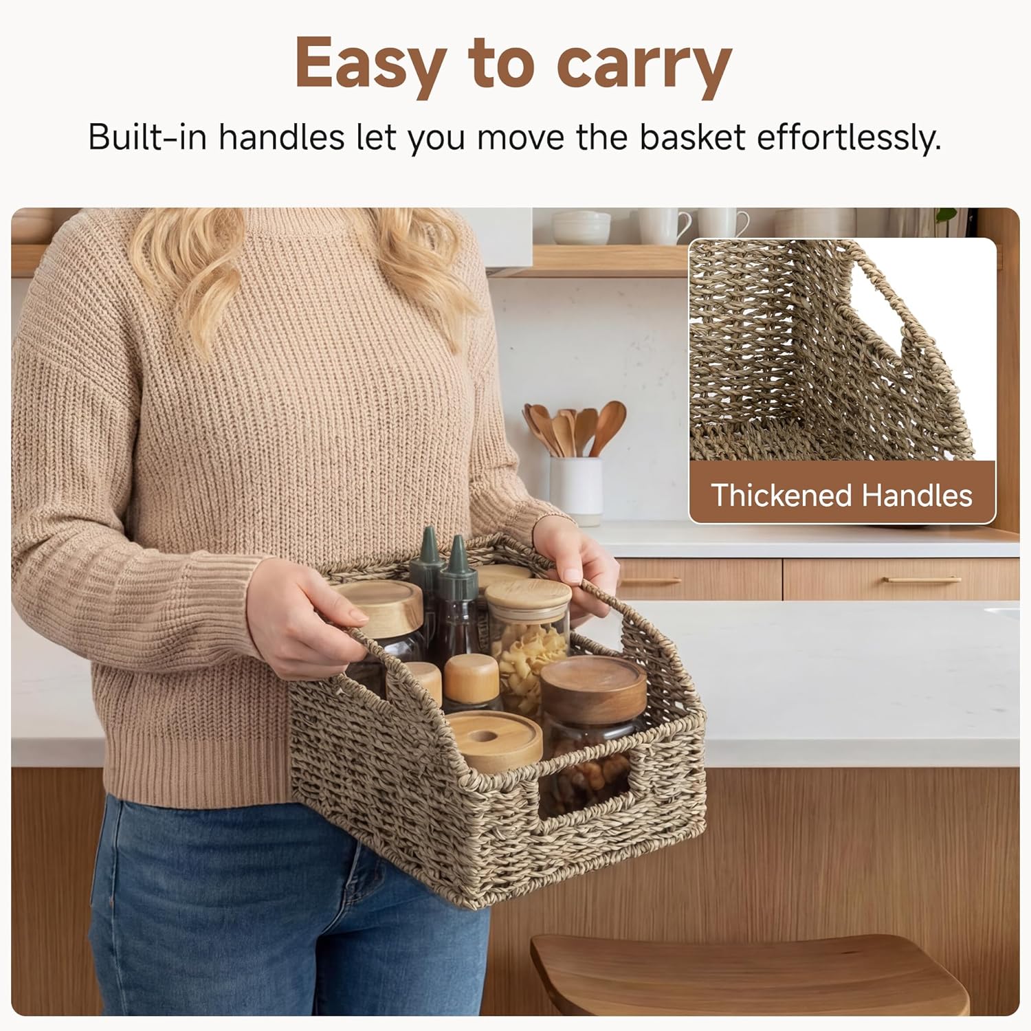 Wicker Baskets for Organizing, Pantry Organizers and Storage, Seagrass Storage Basket for Pantry Shelves, Natural, 2