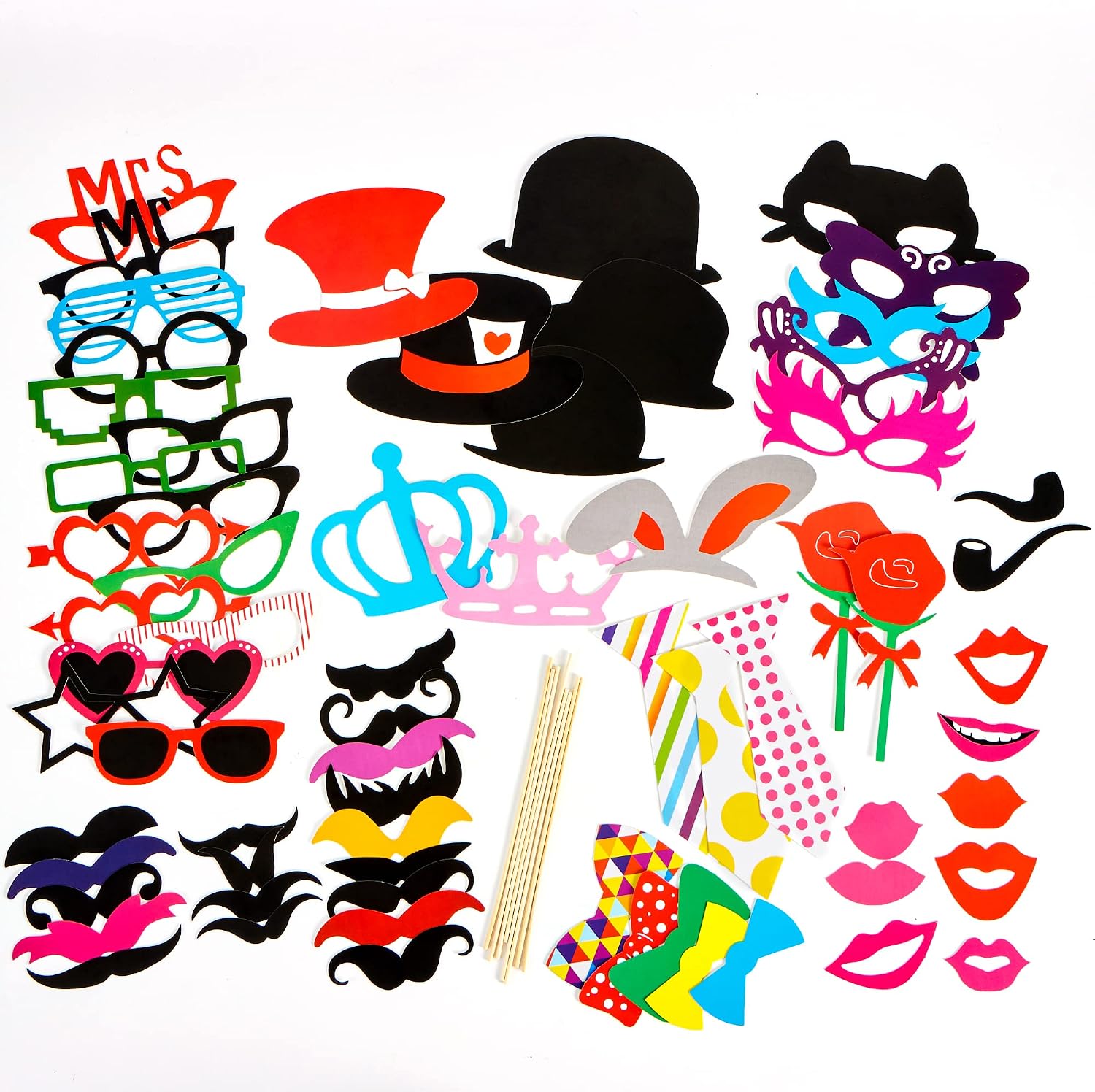 Toy Photo Booth Props 66 Pieces，Multicolor Kit for Graduation Wedding Party Supplies Favors，with Stick, Hats