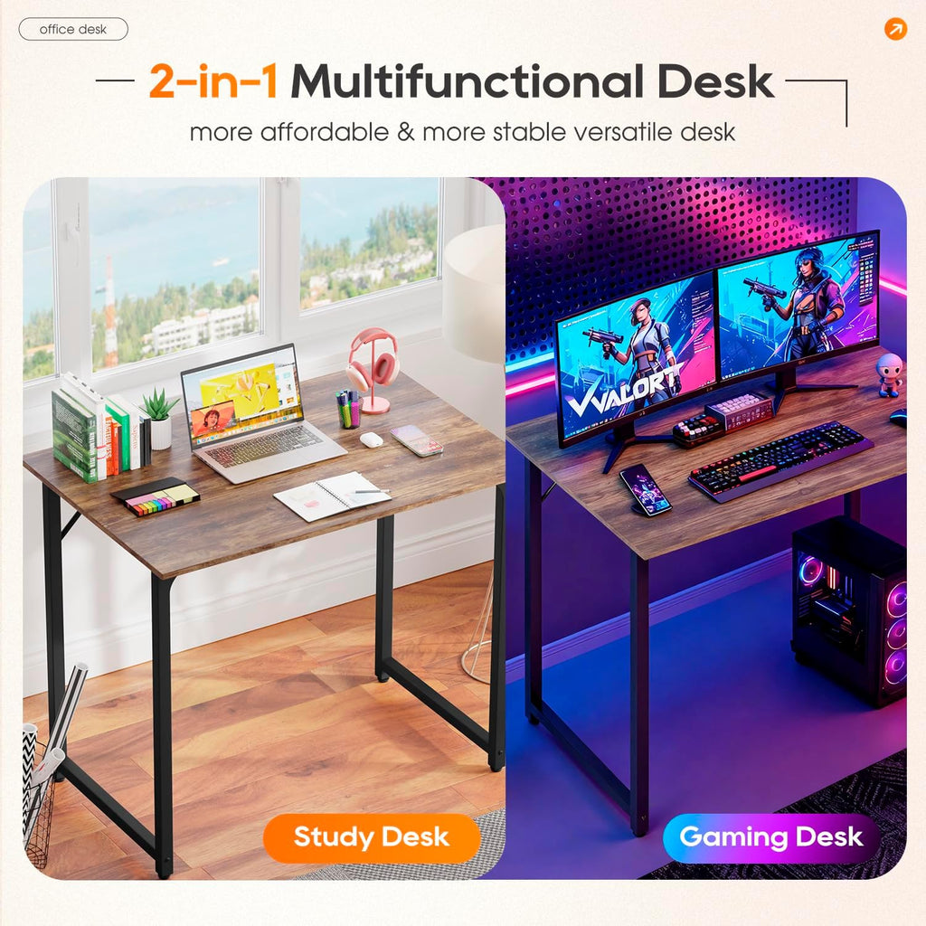 32 Inch Computer Desk | Brown | Office Desk with Metal Frame, Adjustable Feet | Water-Resistant, Scratchproof Surface