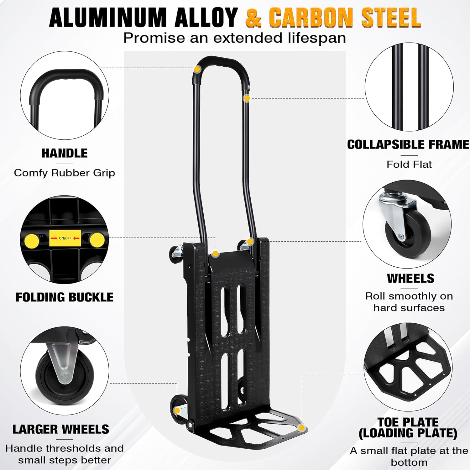 Folding Hand Truck with 4-Wheel Mode, 2 in 1 Collapsible Push Cart & Fold-Up Toe Plate – 300lbs Heavy Duty Dolly Pull