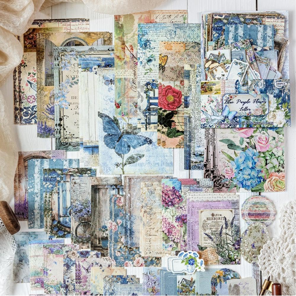 400Pcs Vintage Scrapbook Supplies Kit, Scrapbook Paper and Journaling Stickers Set, 4Pack Scrap Booking Kit for Junk