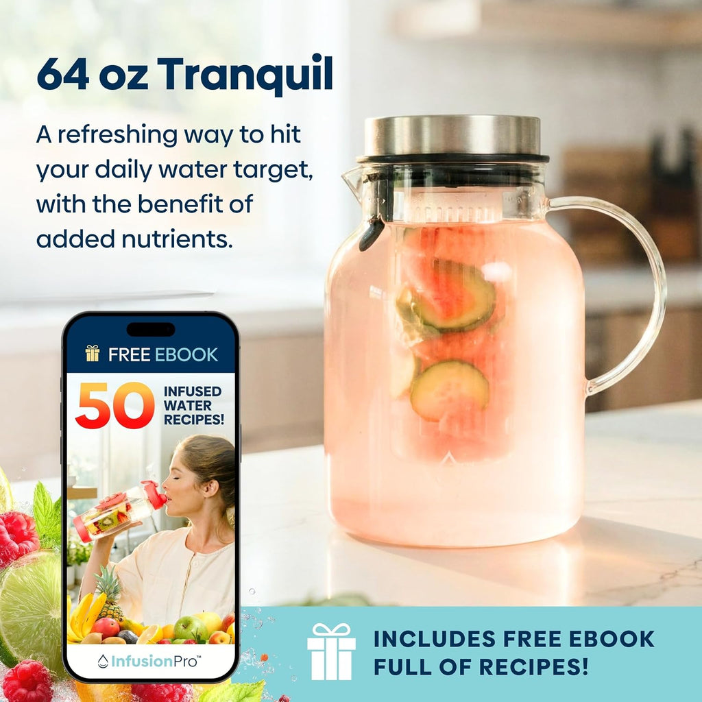 Glass Fruit Infuser Water Pitcher, Heat Resistant for Hot/Cold Use, Great Iced Tea Pitcher | Tranquil Collection, 2 Qt