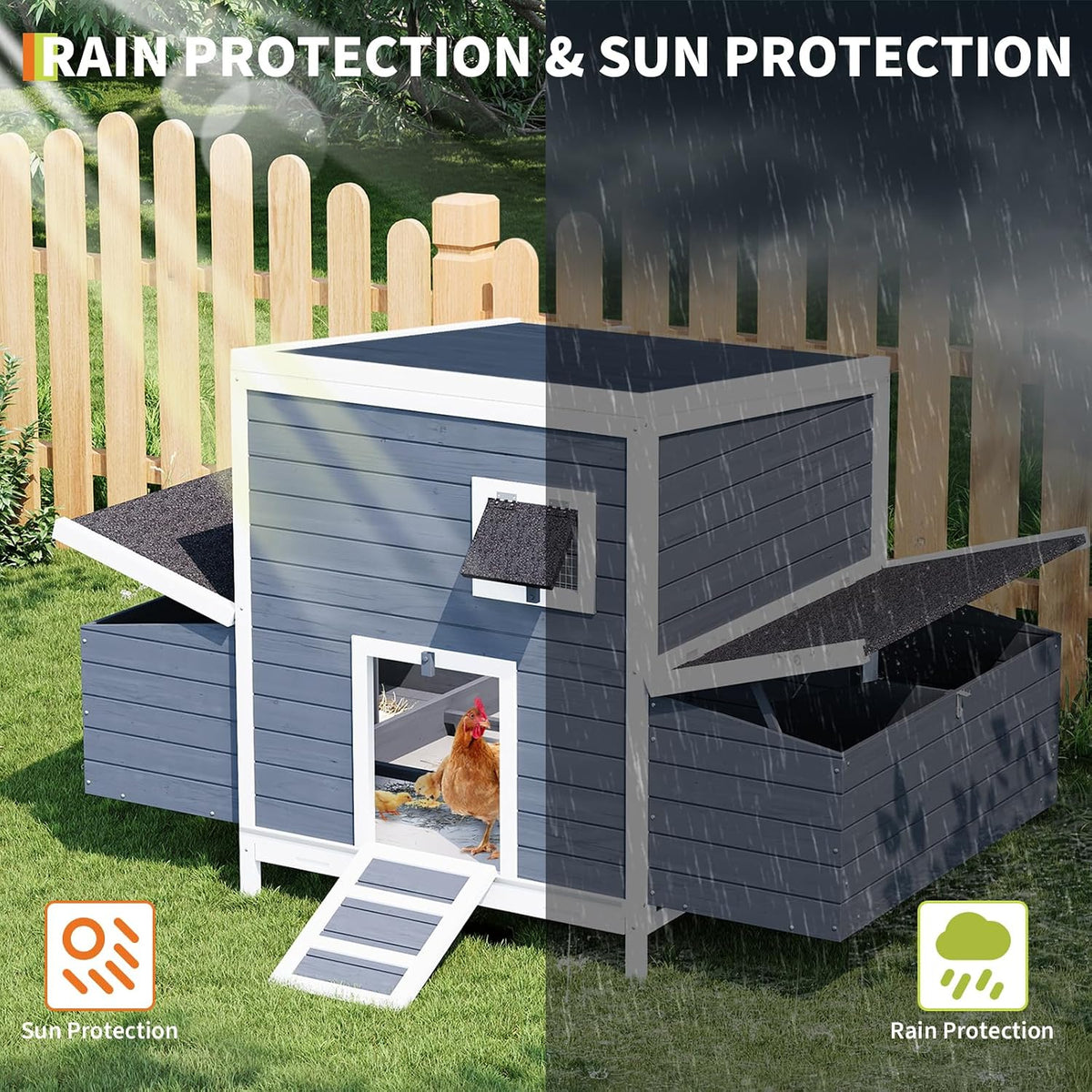 Wooden Chicken Coop with 2 Nesting Boxes & Lockable Doors, Outdoor Chicken House with Weatherproof Roof, Poultry Cage