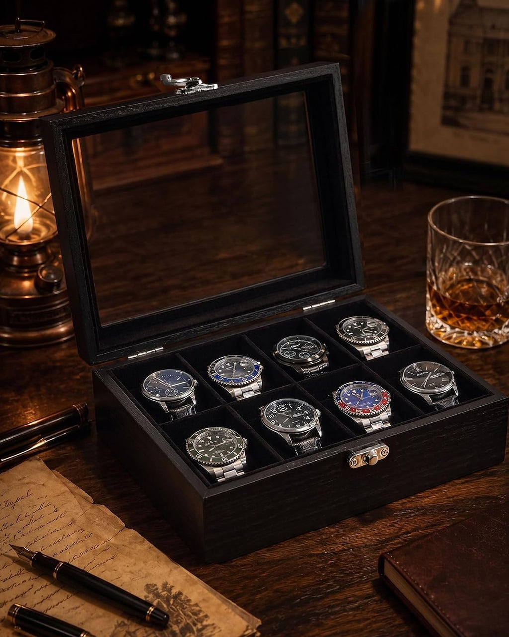8 Slot Wooden Watch Display Case With Glass Lid, Organizer | Elegant Wooden Watch Box With Glass Lid And Soft Lining