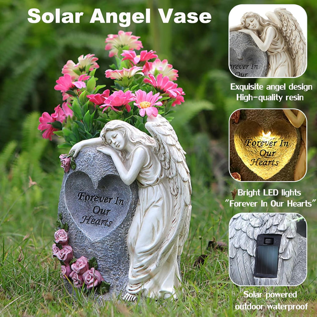 Solar Cemetery Vases for Grave, Resin Angel Headstones Vases with Spikes for Fresh Artificial Flowers, Grave Markers