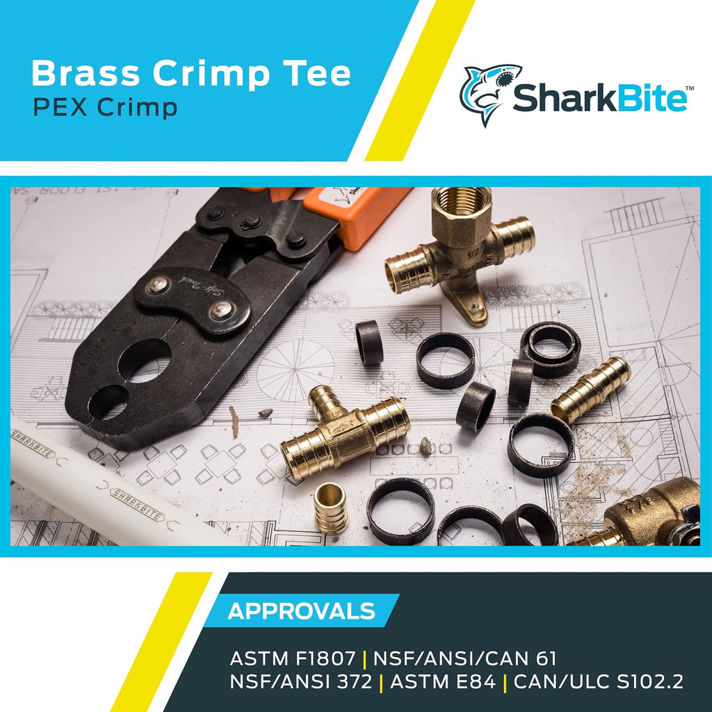 SharkBite 1 Inch Crimp Tee, Brass Plumbing Fitting, PEX Pipe, PE-RT, UC374LFA