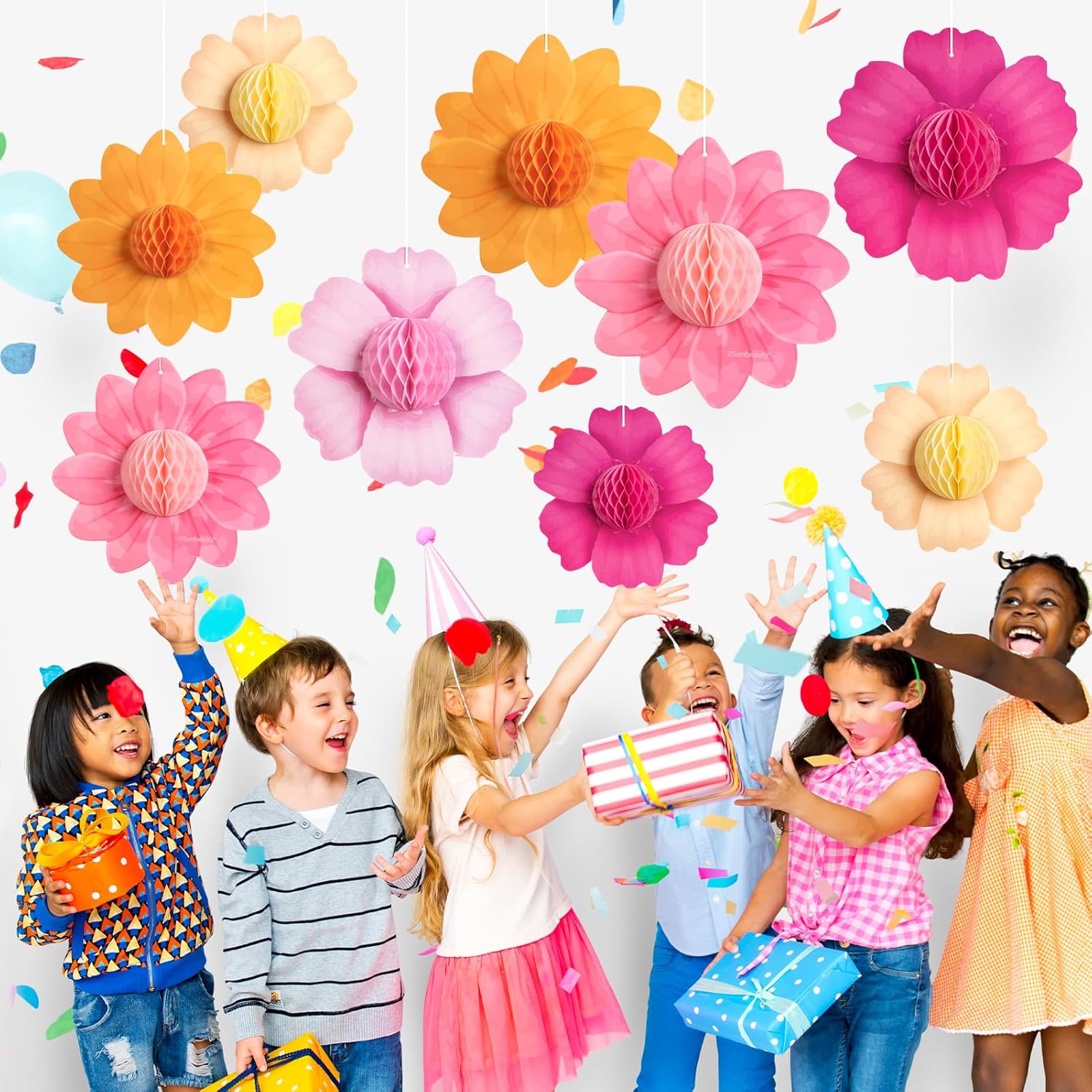 9PCS Hot Pink and Orange Party Decorations Paper Flowers Honeycomb Hanging Large Paper Flowers Pom Poms Fiesta for