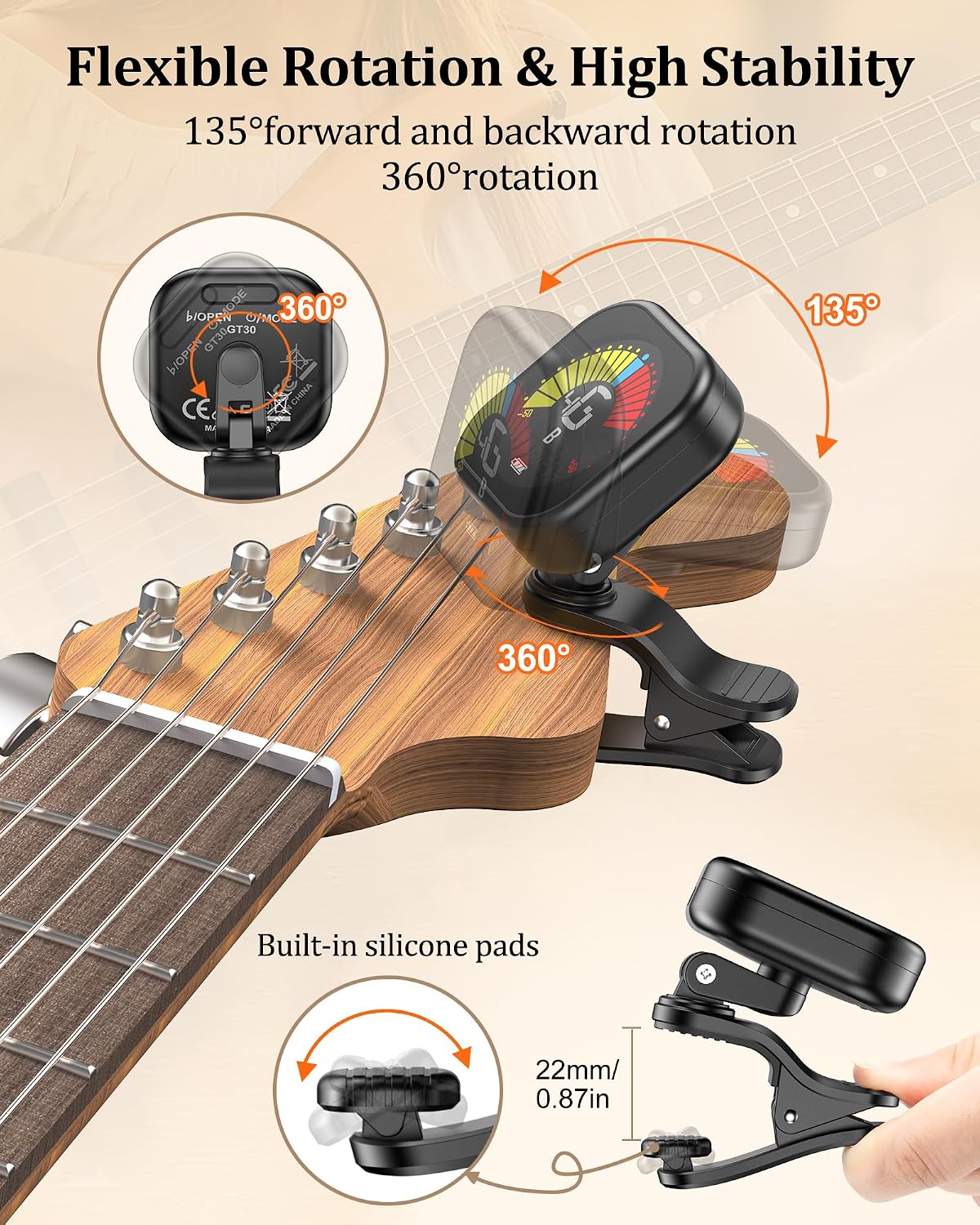 Guitar Tuner Clip-On Rechargeable with Color Screen 360° Rotatable Acoustic Chromatic Open Tuning for Guitar, Bass