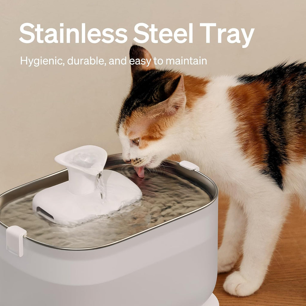 Cat Water Fountain Stainless Steel Tray, Wireless Pump Cat Fountain, Ultra Quiet Pet Water Fountain, 2.5L Automatic