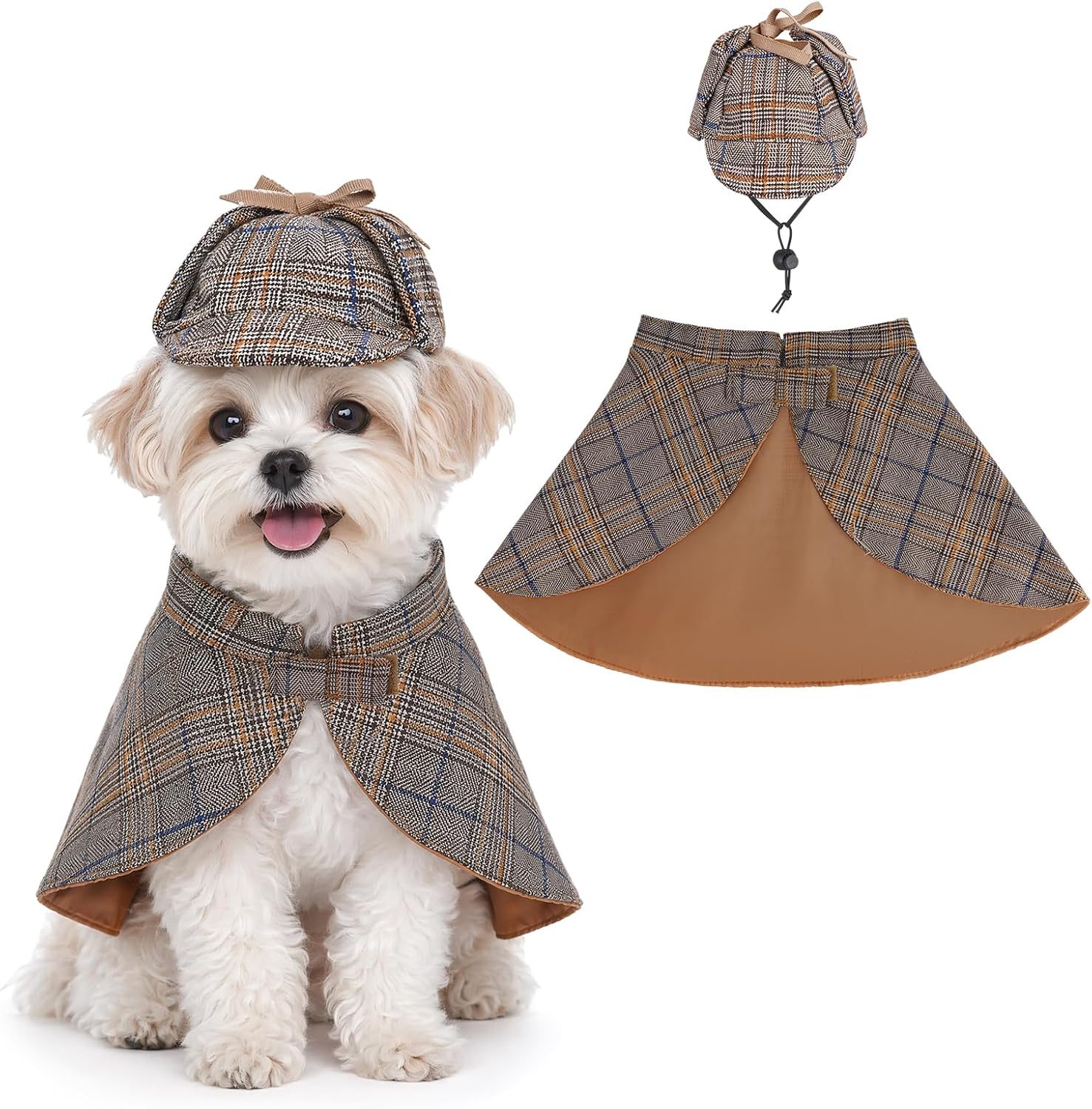 Pet Costume Set Dog Detective Cloak and Hat for Small Dogs Cats | Party Outfit for Halloween Cosplay Birthday Photo Prop