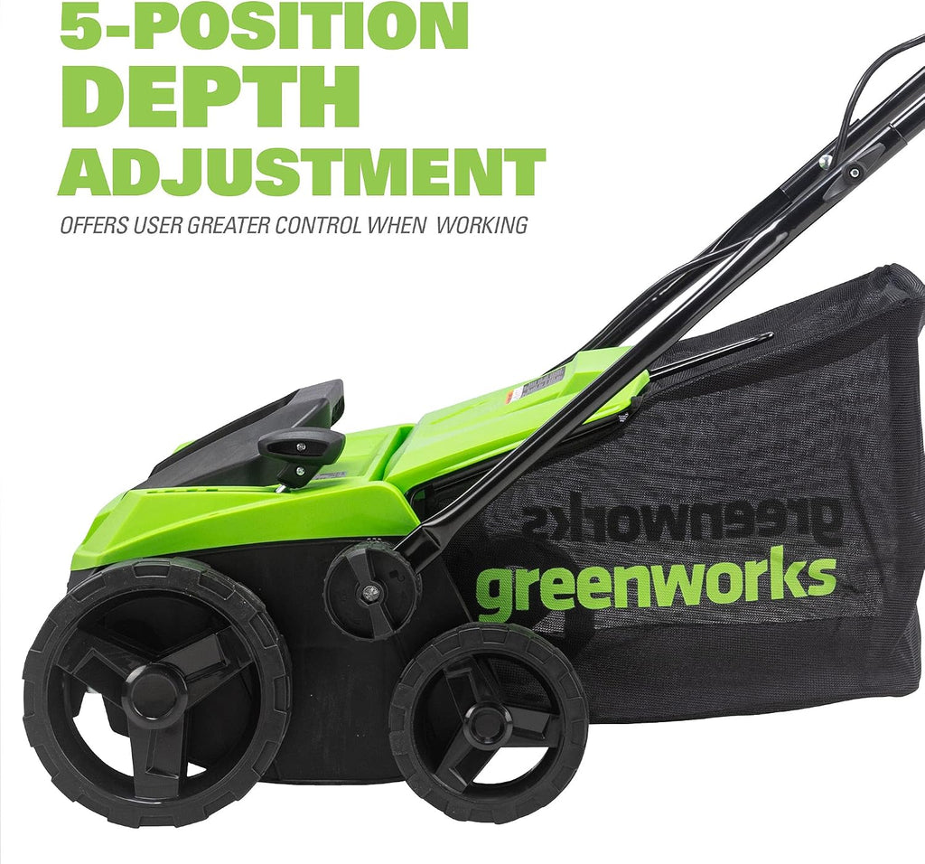 Greenworks 13 Amp 14-Inch Corded Dethatcher / Scarifier, 2-in-1 Electric Lawn Rake with 3-Position Depth Adjustment &
