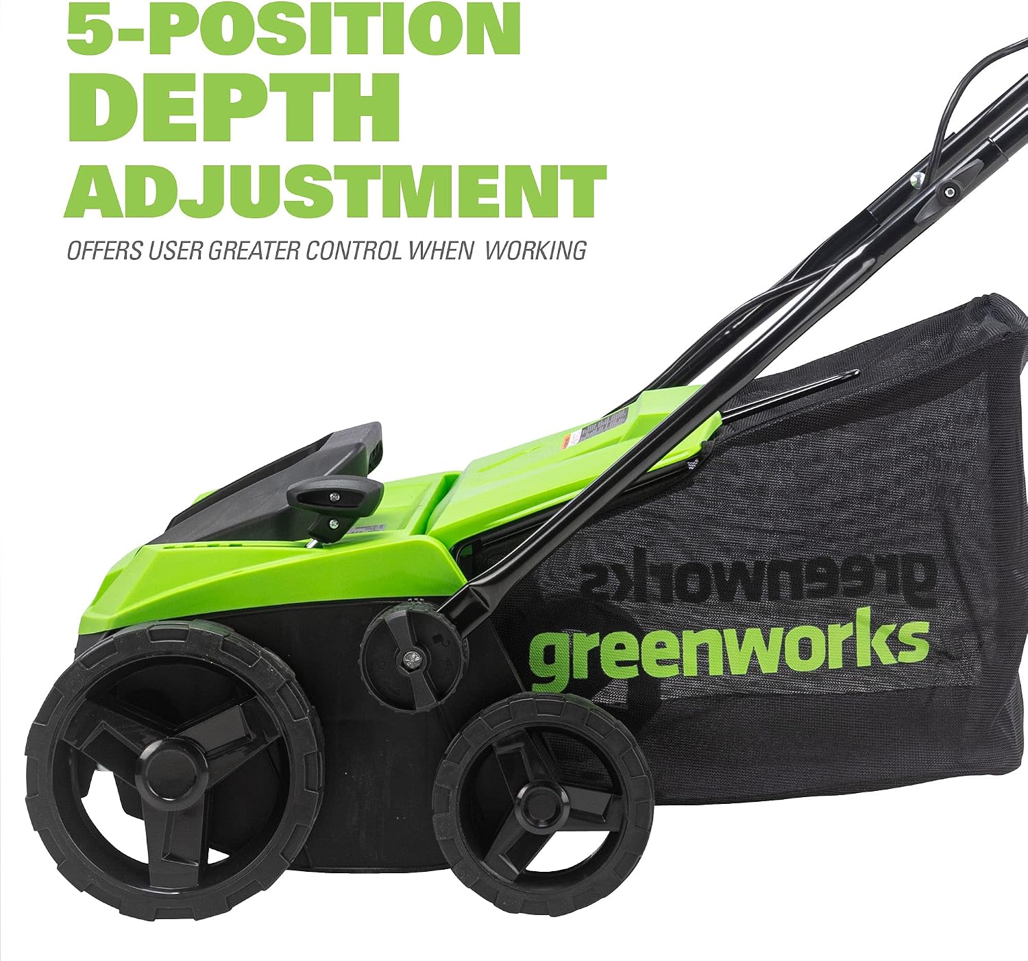 Greenworks 13 Amp 14-Inch Corded Dethatcher / Scarifier, 2-in-1 Electric Lawn Rake with 3-Position Depth Adjustment &