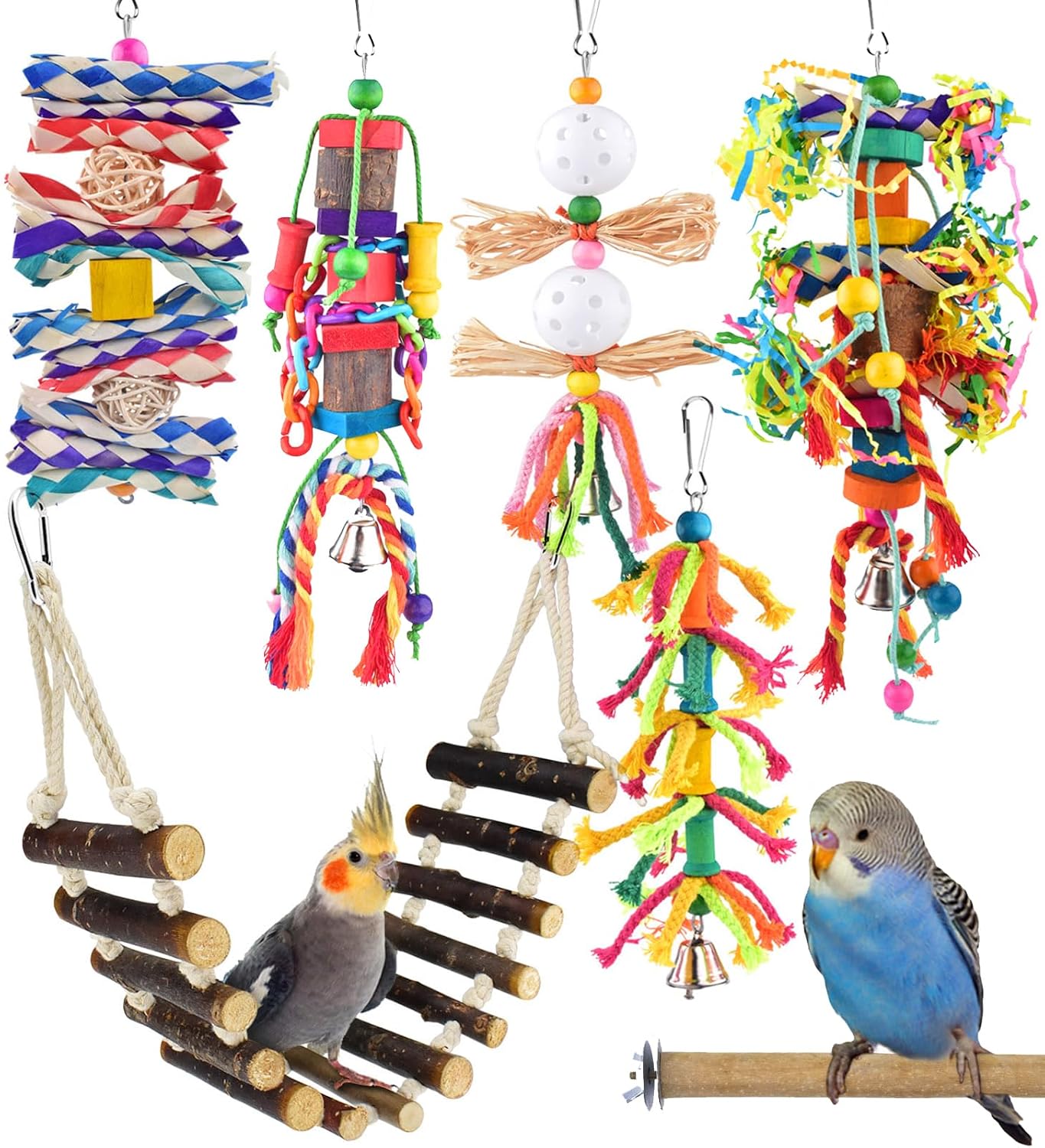Bird Toys, Parakeet Swing Parrot Ladder Cockatiel Perch Conure Hanging Bell Toys for Parakeet Conure Cockatiel Mynah