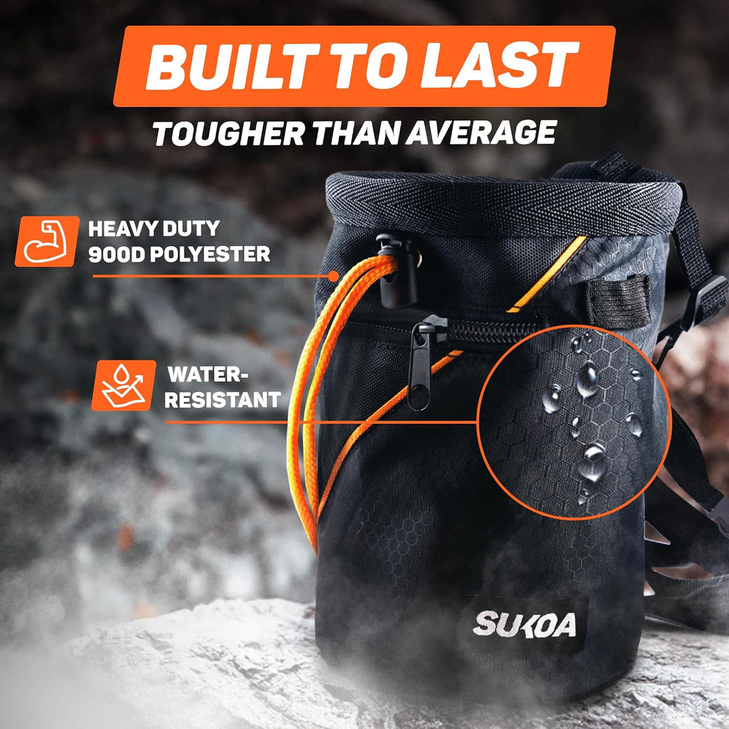 Chalk Bag for Rock Climbing - Rock Climbing Gifts Gear Accessories - Quick-Clip Belt, Large Zippered Pockets & Brush