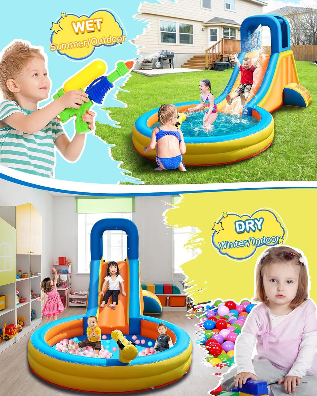 Inflatable Water Slide for Kids – 5-in-1 Blow Up Bounce House with Long Slide, Climbing Wall, Splash Pool, Water
