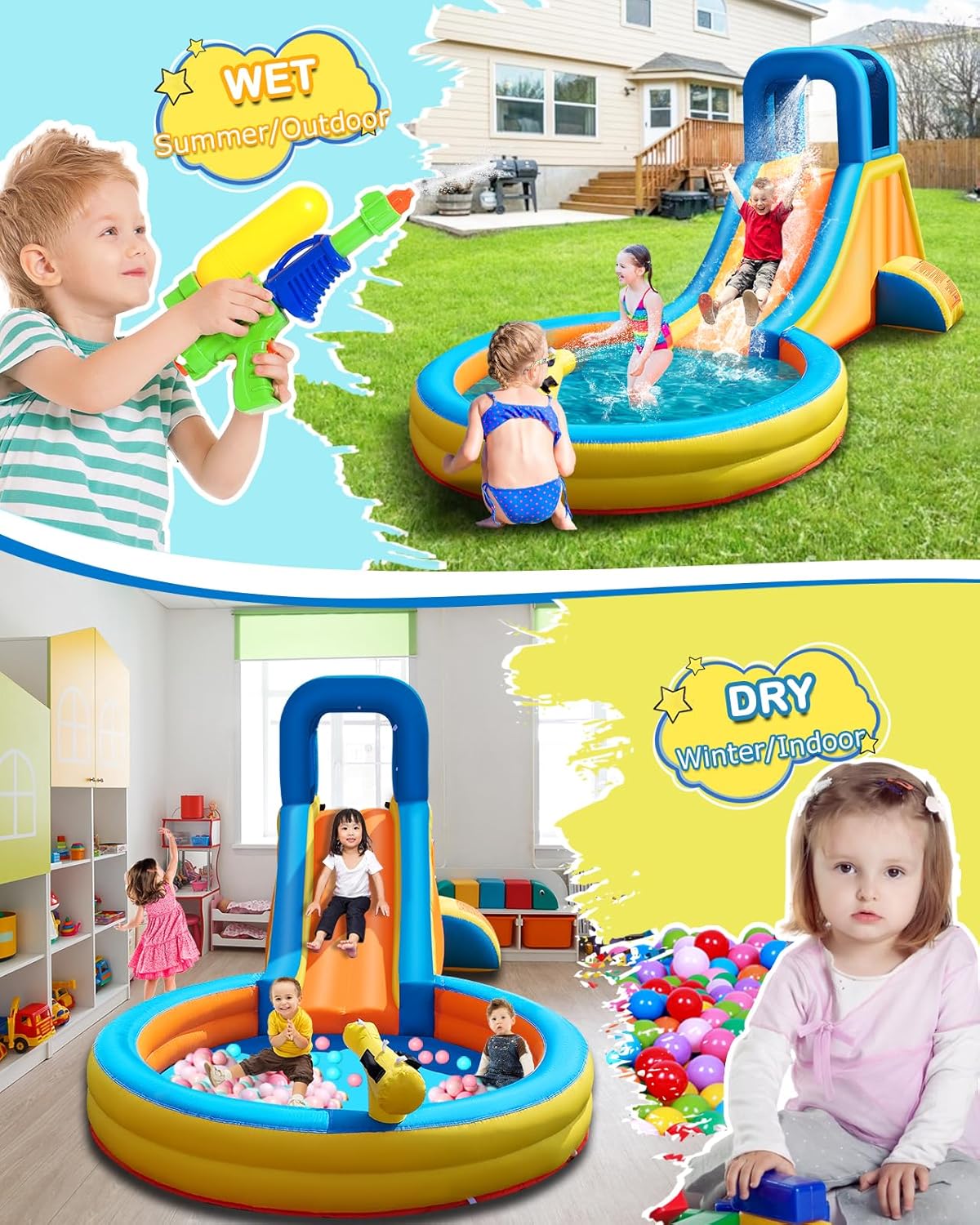 Inflatable Water Slide for Kids – 5-in-1 Blow Up Bounce House with Long Slide, Climbing Wall, Splash Pool, Water