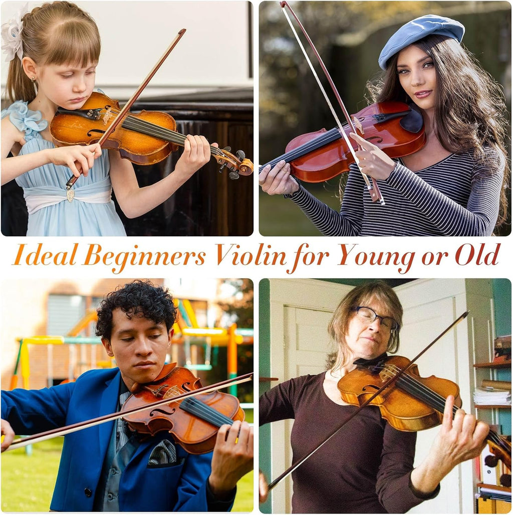 Acoustic Violin, 4/4 Full Size Solid Wood Fiddle for Beginners Adults, Ebony Fitted Satin Antique Finish Violin