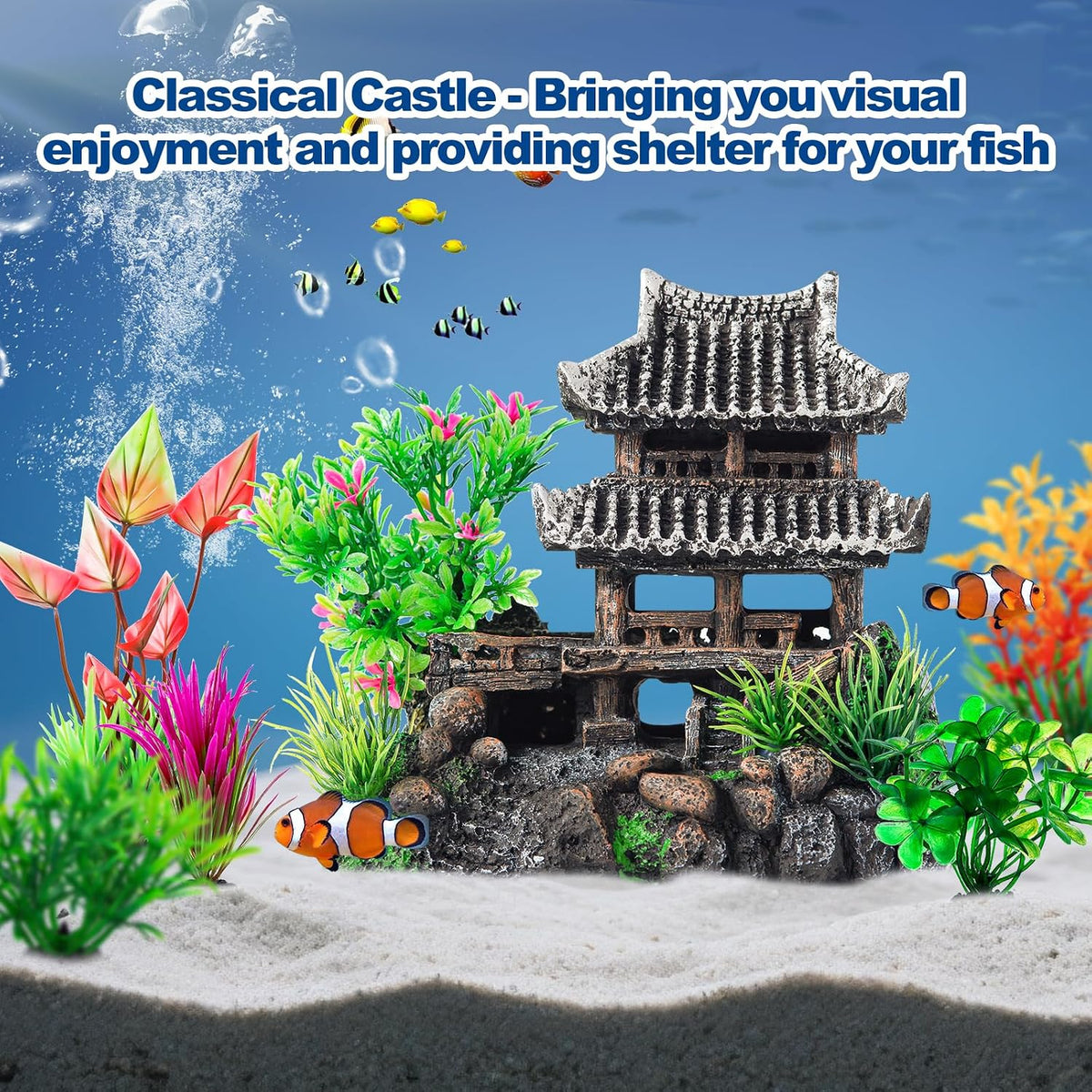 9Pcs Resin Castle Decorations Set，Realistic Fish Tank Castle with Eco-Friendly Design,Fish Tank Decorations Aquarium