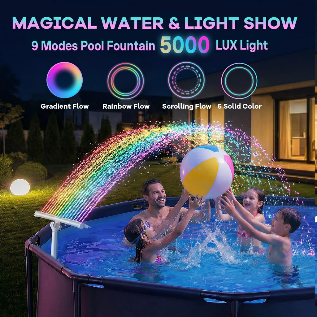 Solar Pool Fountain for Above Ground Pools and Inground Pools | Solar & USB-C Dual Charging, 9-Color Auto-Sensing