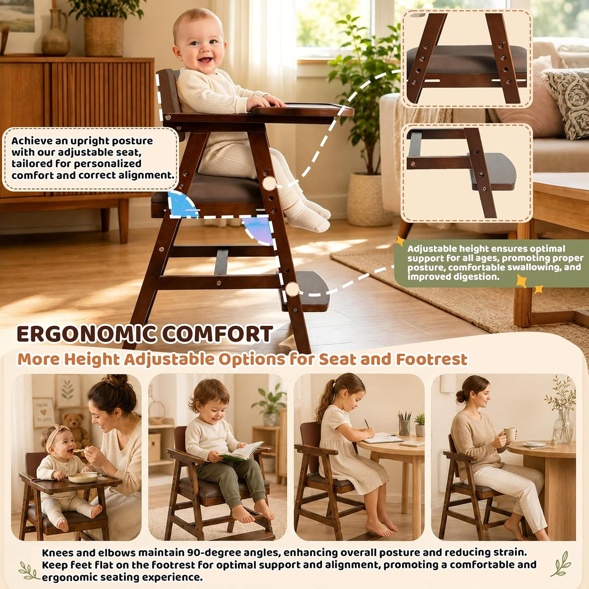 3-in-1 Wooden High Chair with Steps & Adjustable Tray for Baby Toddler